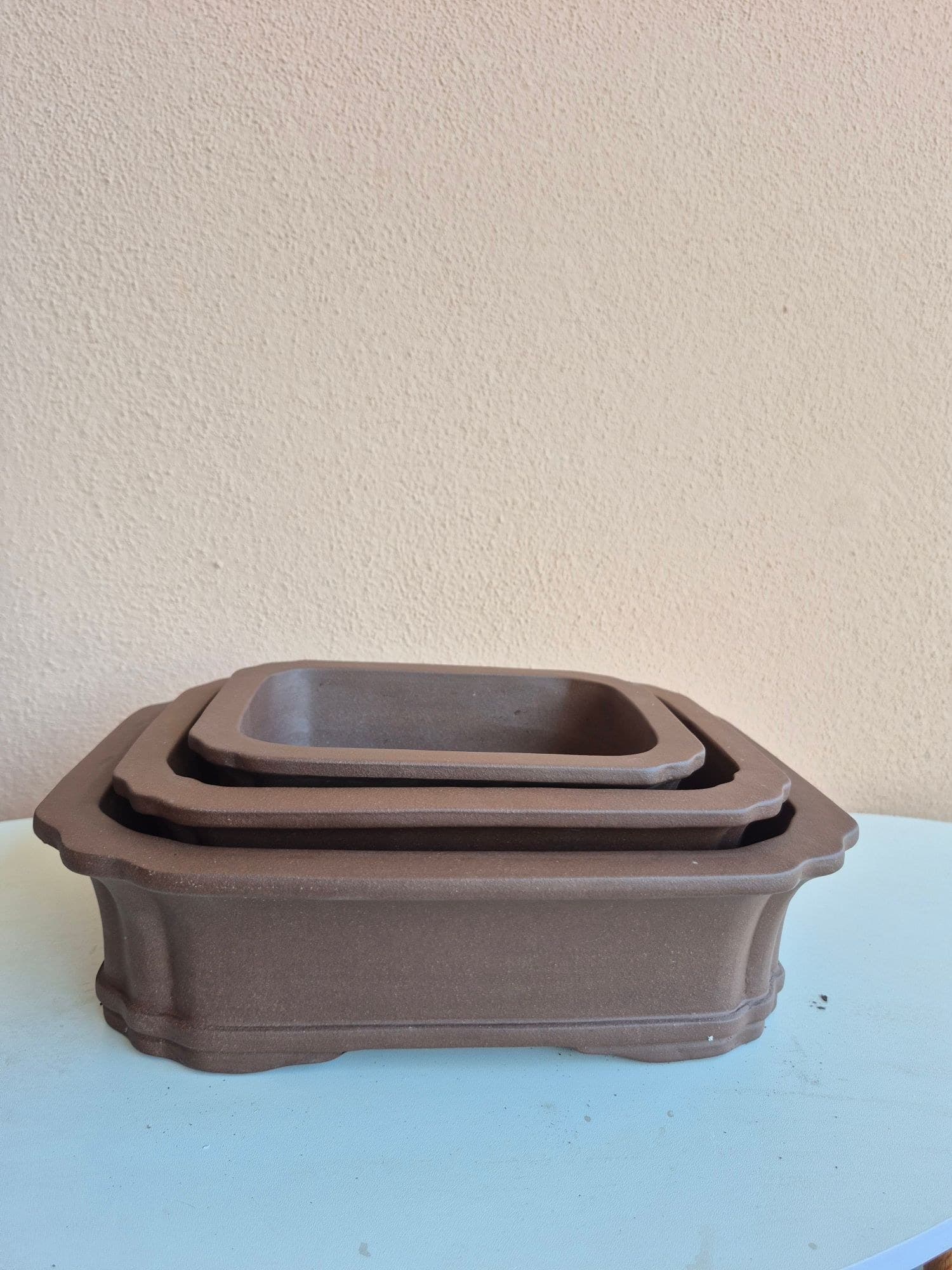 Unglazed Ceramic Bonsai Pot Set, Mokko-Corner Nested Trio (up to 31 x 24 x H8.5 cm)
