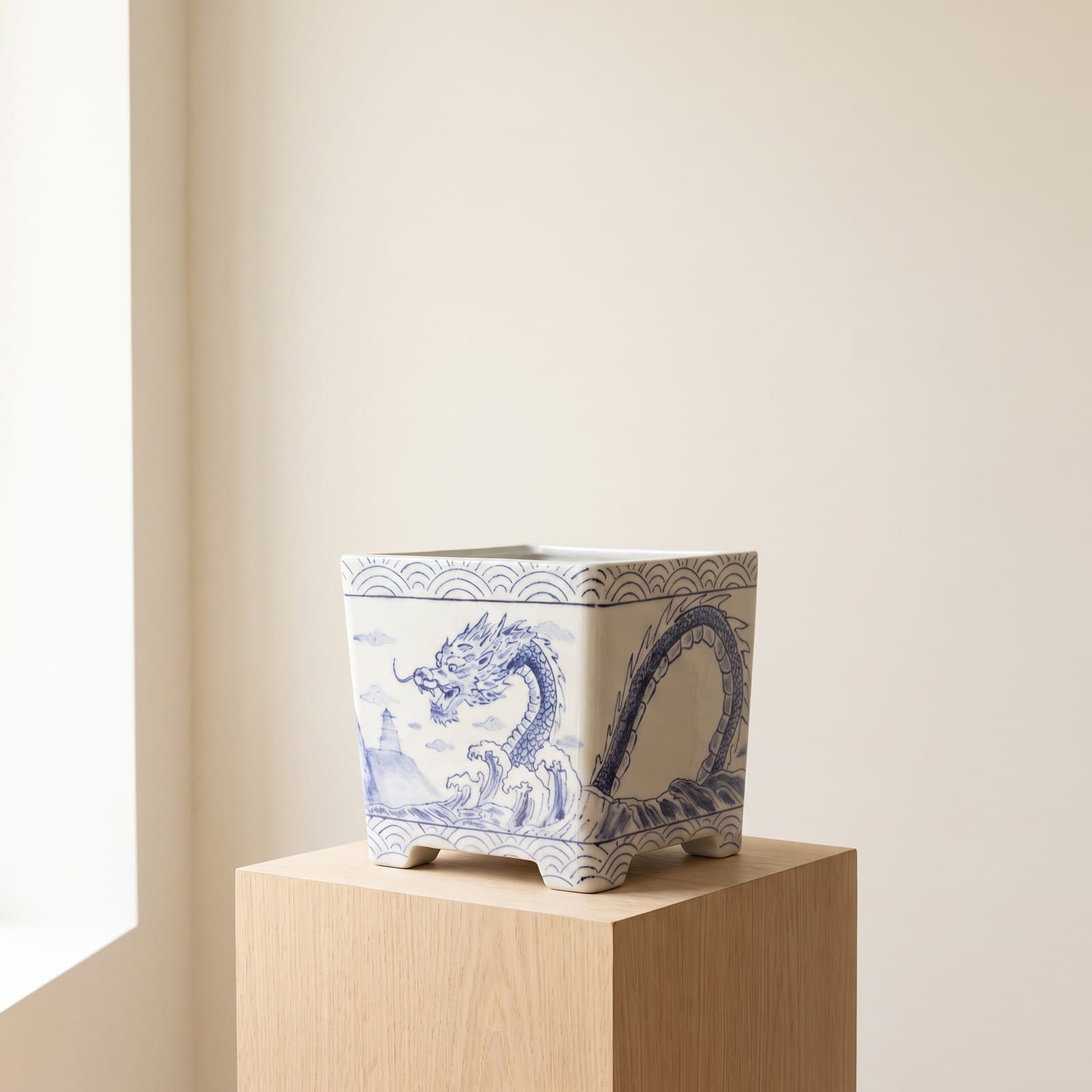 Glazed Ceramic Bonsai Pot – Blue & White Dragon 16 x 16 x 16 cm