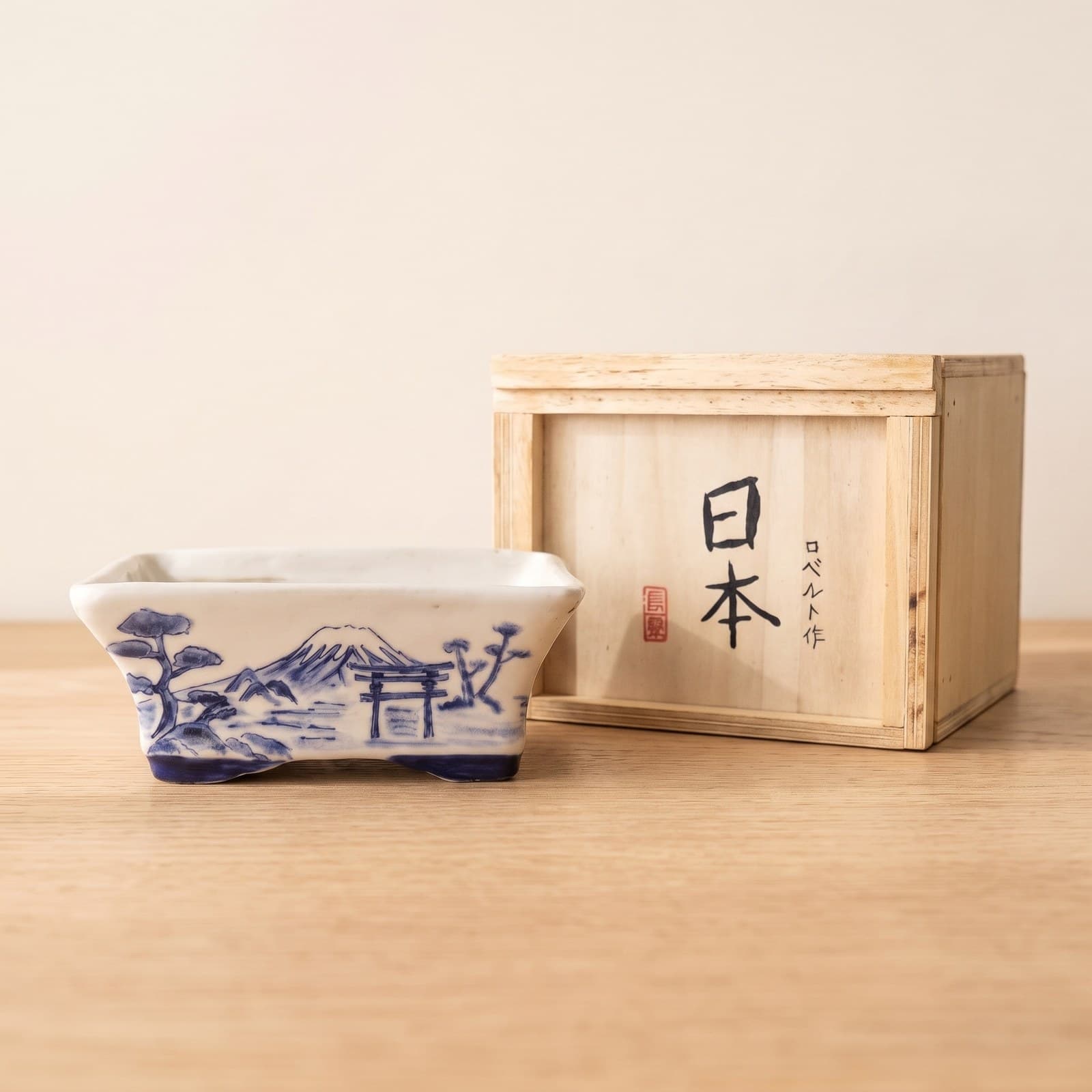 Glazed Ceramic Bonsai Pot – Blue & White, Pine & Gate 17 x 13 x 7 cm