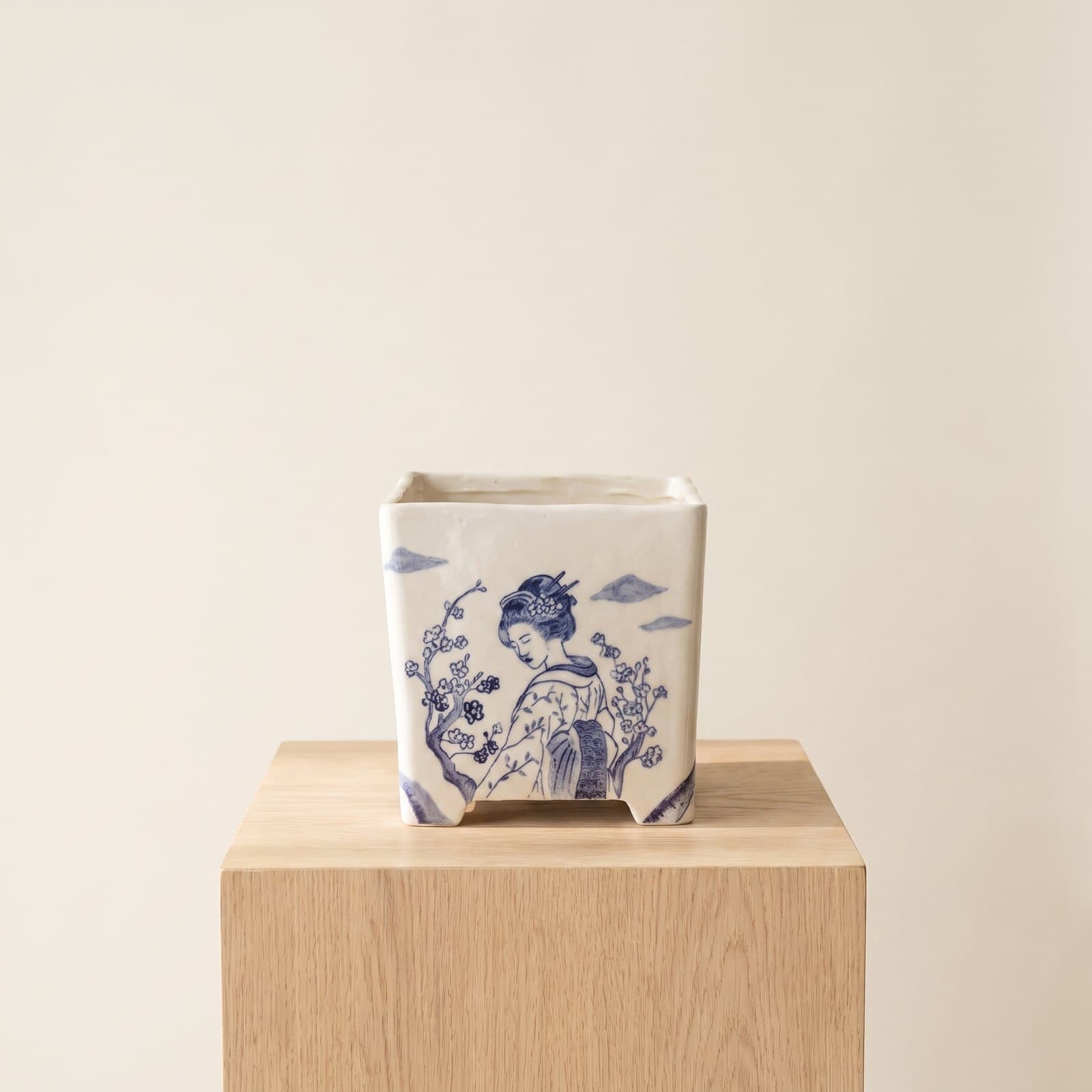 Glasierte Keramik-Bonsaischale – Geisha in Blau-Weiß 16 x 16 x 16 cm