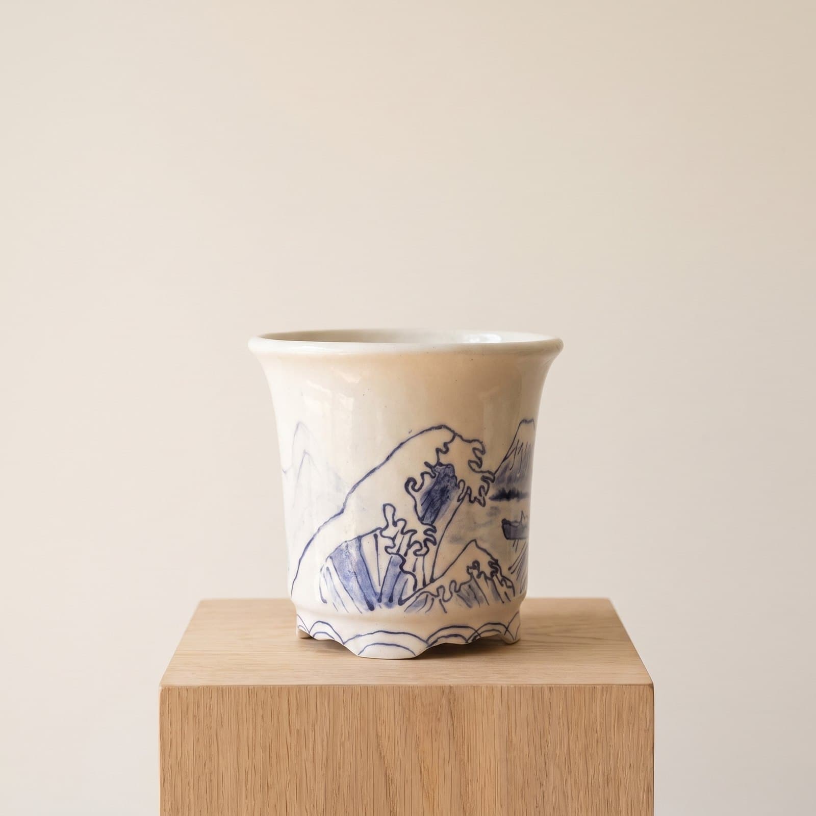 Glazed Ceramic Bonsai Pot – Blue & White Great Wave 13 x 13 x 13 cm