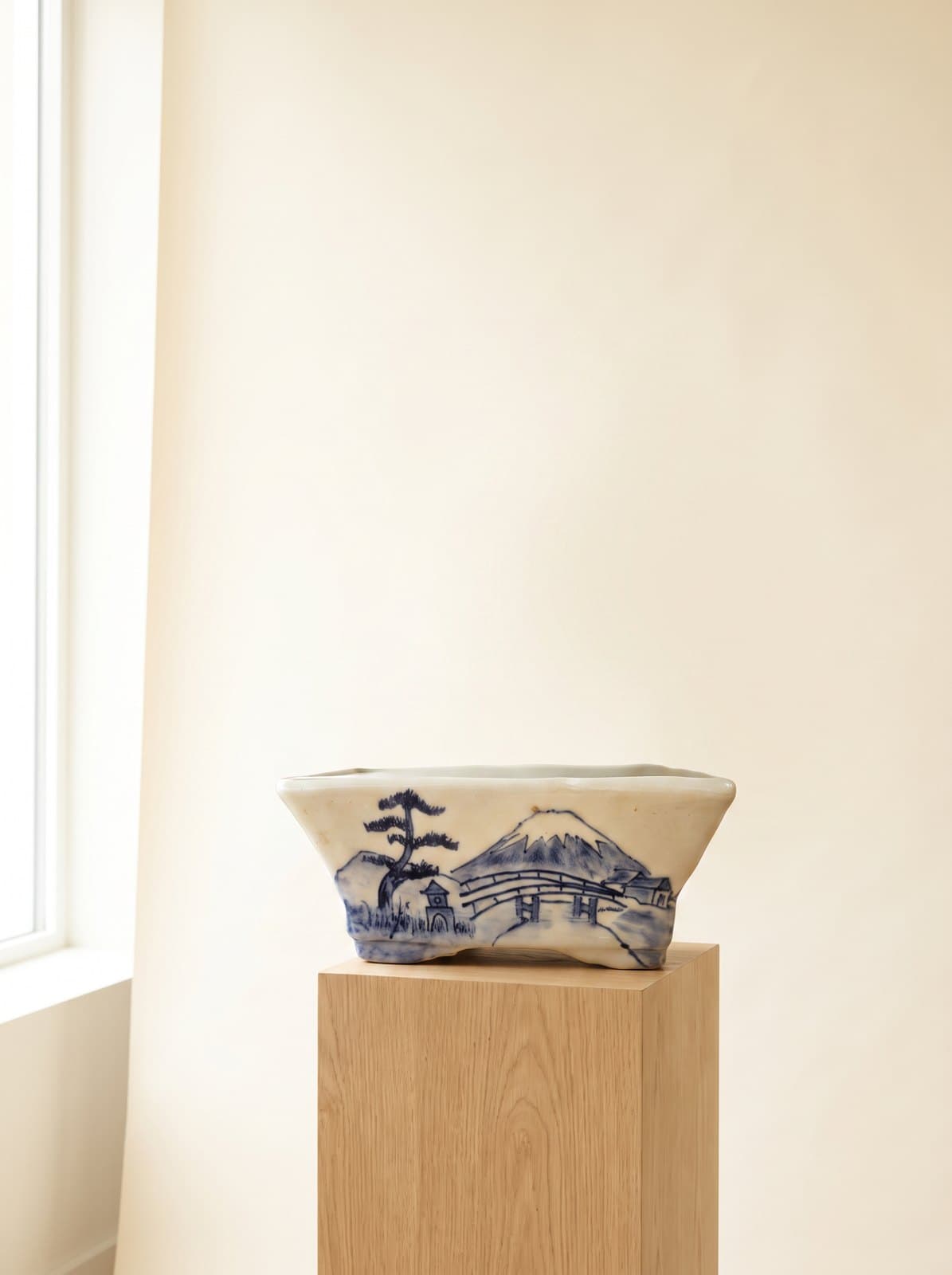Glazed Ceramic Bonsai Pot – Blue & White Landscape 17 x 13 x 7 cm