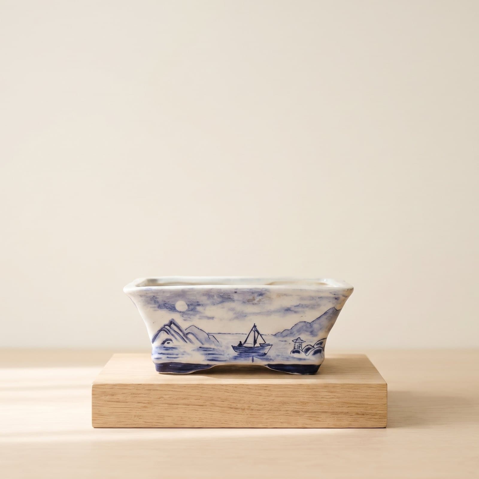 Glazed Ceramic Bonsai Pot – Blue & White, Sailboat & Moon 17 x 13 x 7 cm
