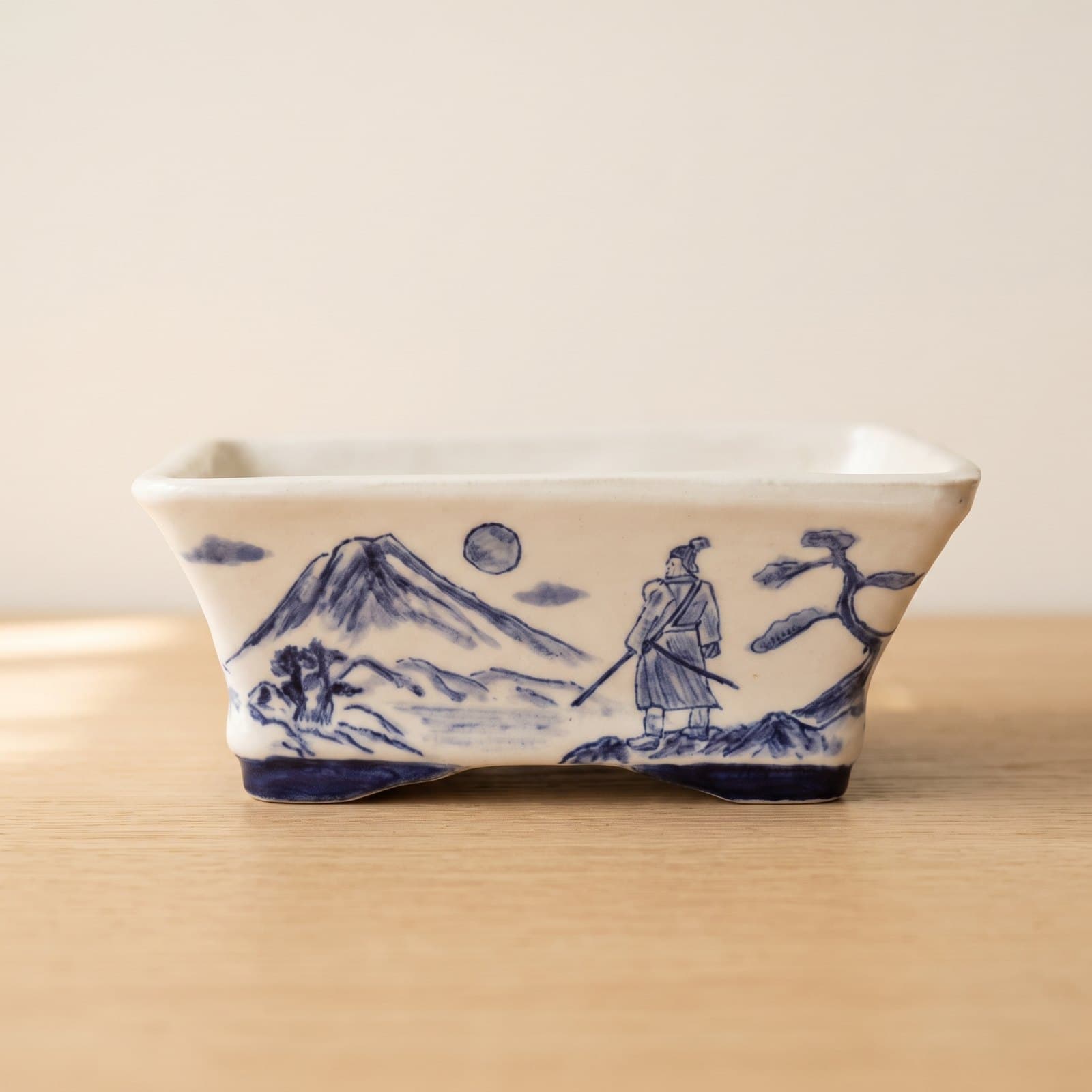 Glazed Ceramic Bonsai Pot – Blue & White, Lone Traveller 17 x 13 x 7 cm