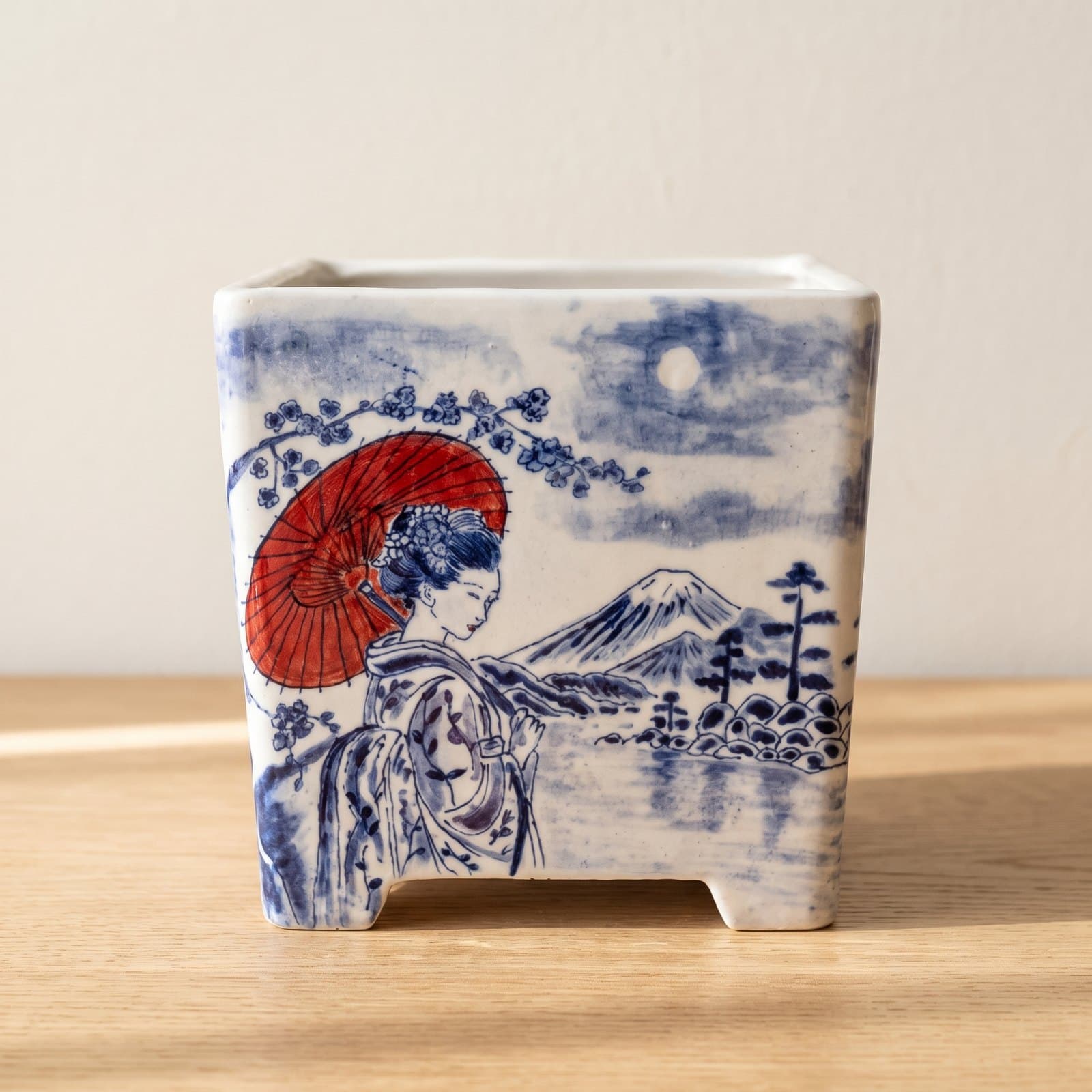Glasierte Keramik-Bonsaischale – Geisha mit rotem Schirm 16 x 16 x 16 cm