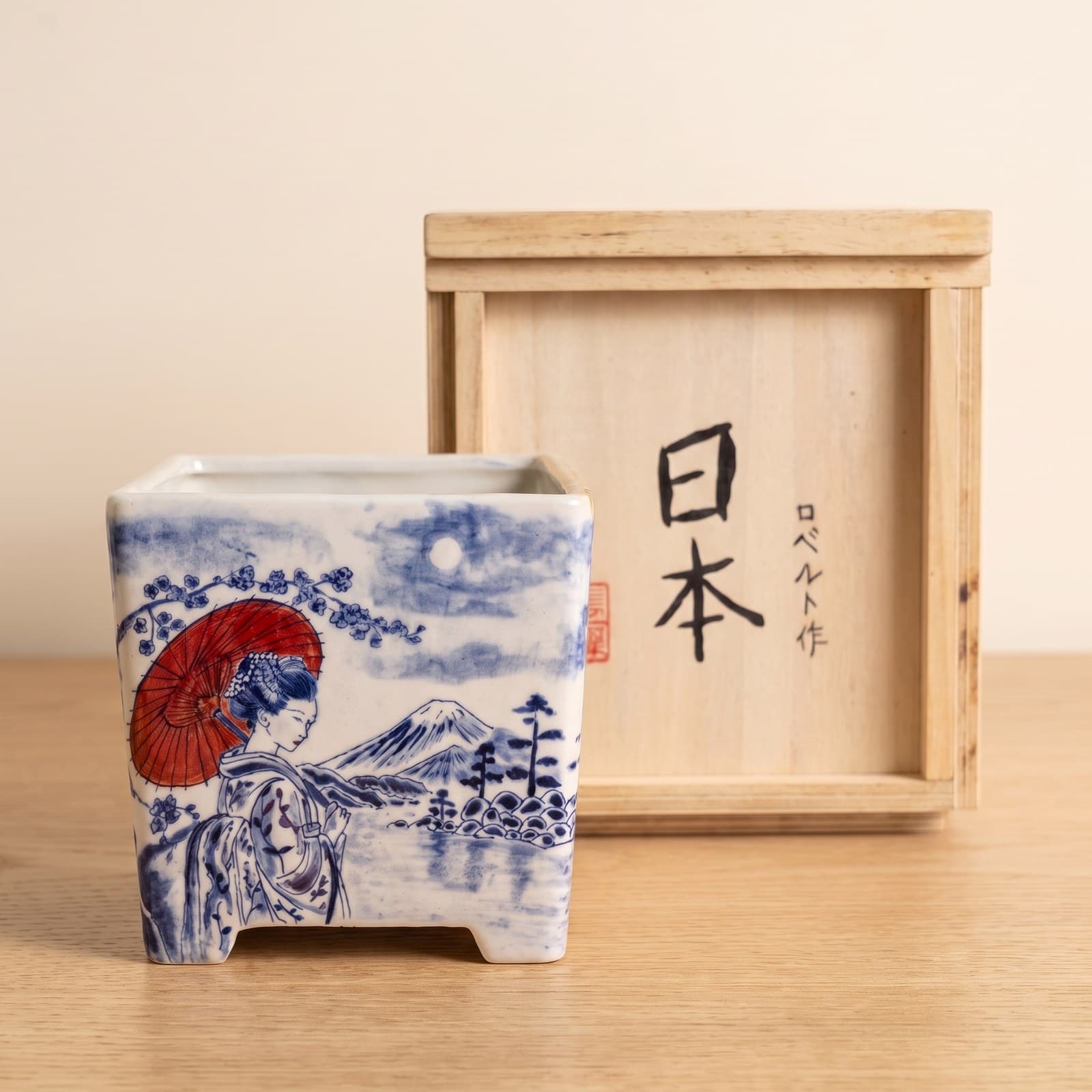 Glazed Ceramic Bonsai Pot – Geisha with Red Parasol 16 x 16 x 16 cm