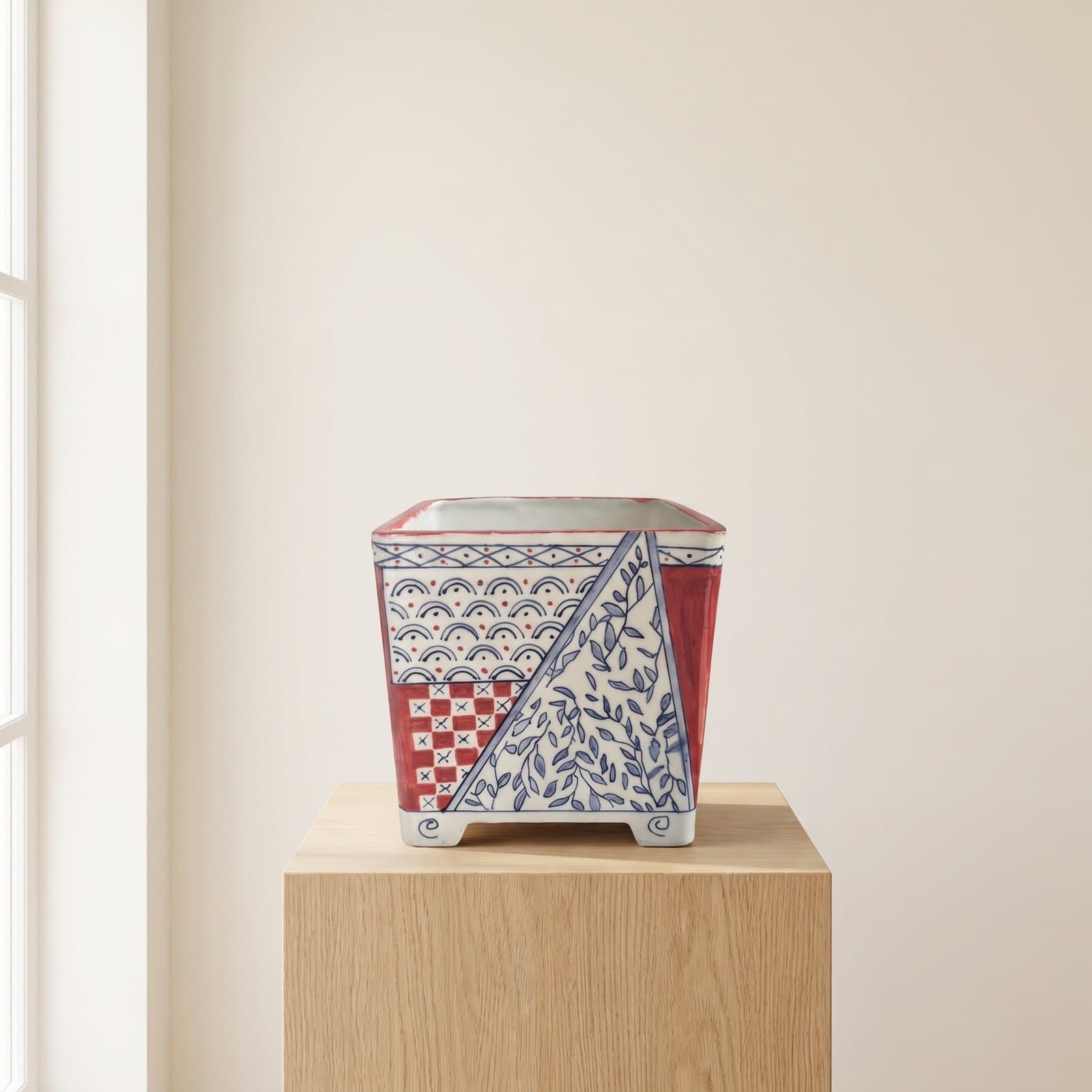 Glazed Ceramic Bonsai Pot – Red & Blue Patchwork 16 x 16 x 16 cm