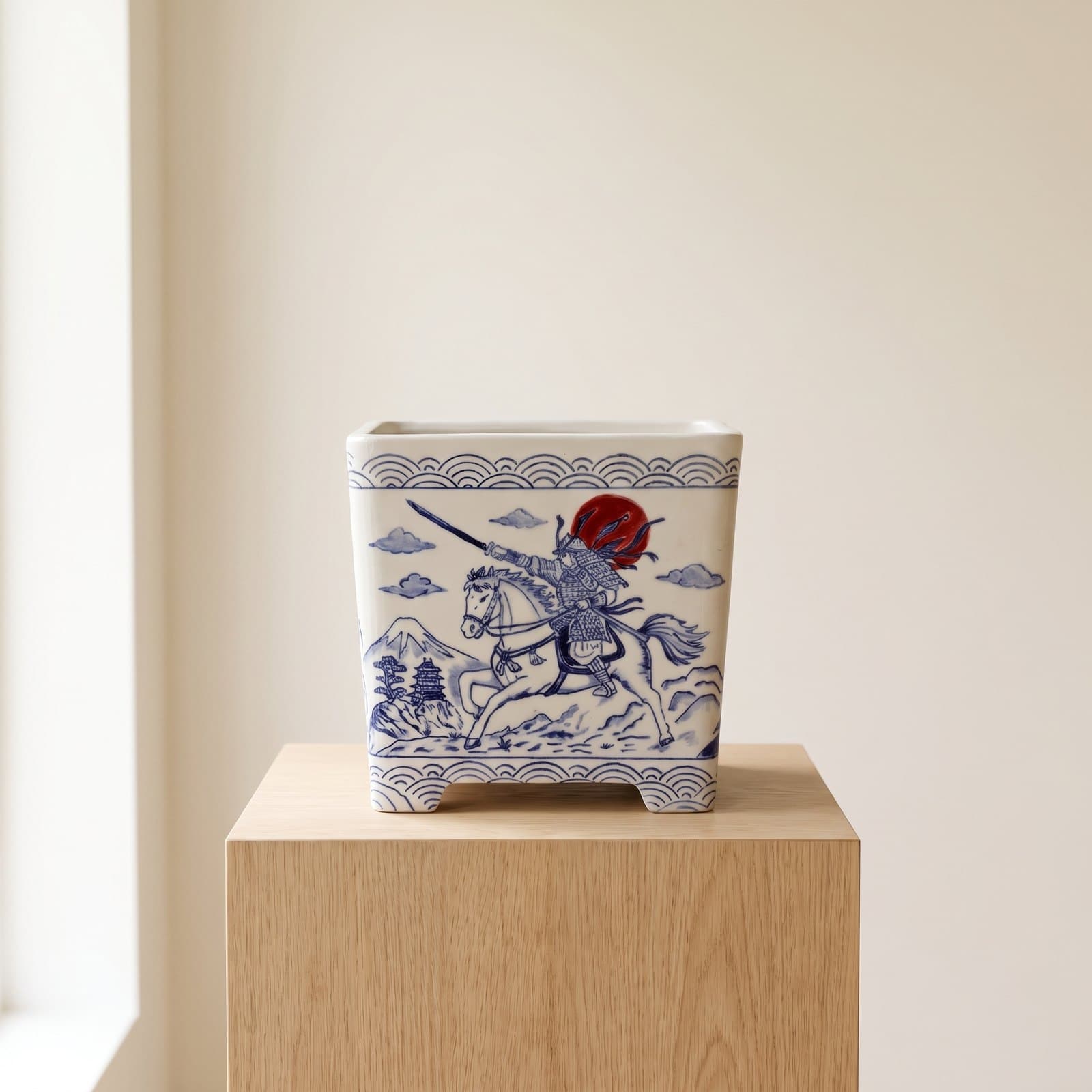Glazed Ceramic Bonsai Pot – Painted Samurai and Rising Sun 19 x 19 x 19 cm
