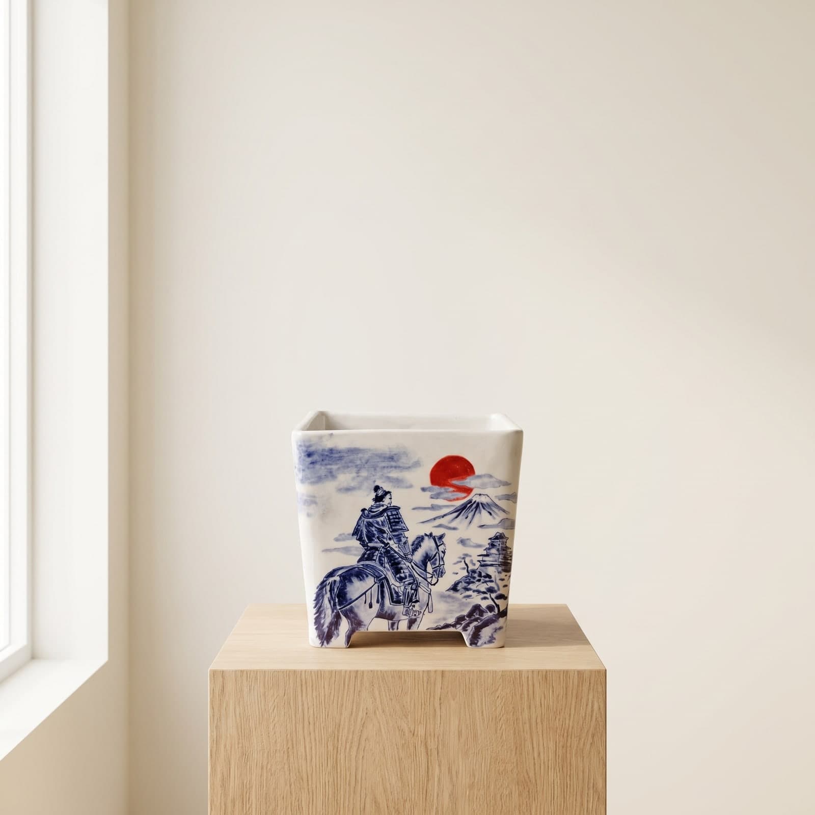 Hand-Drawn Ceramic Bonsai Pot – Samurai, Red Sun & Fuji
