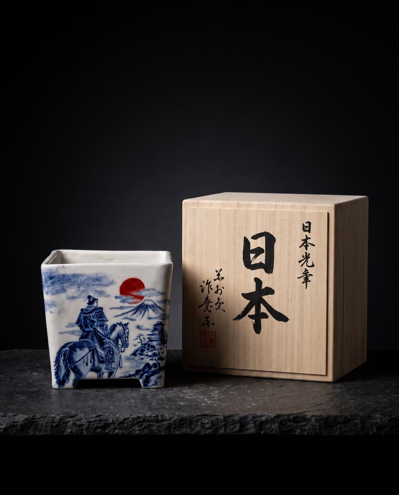 Handbemalte Bonsai-Keramikschale – Samurai, Rote Sonne & Fuji 16 x 16 x 16 cm