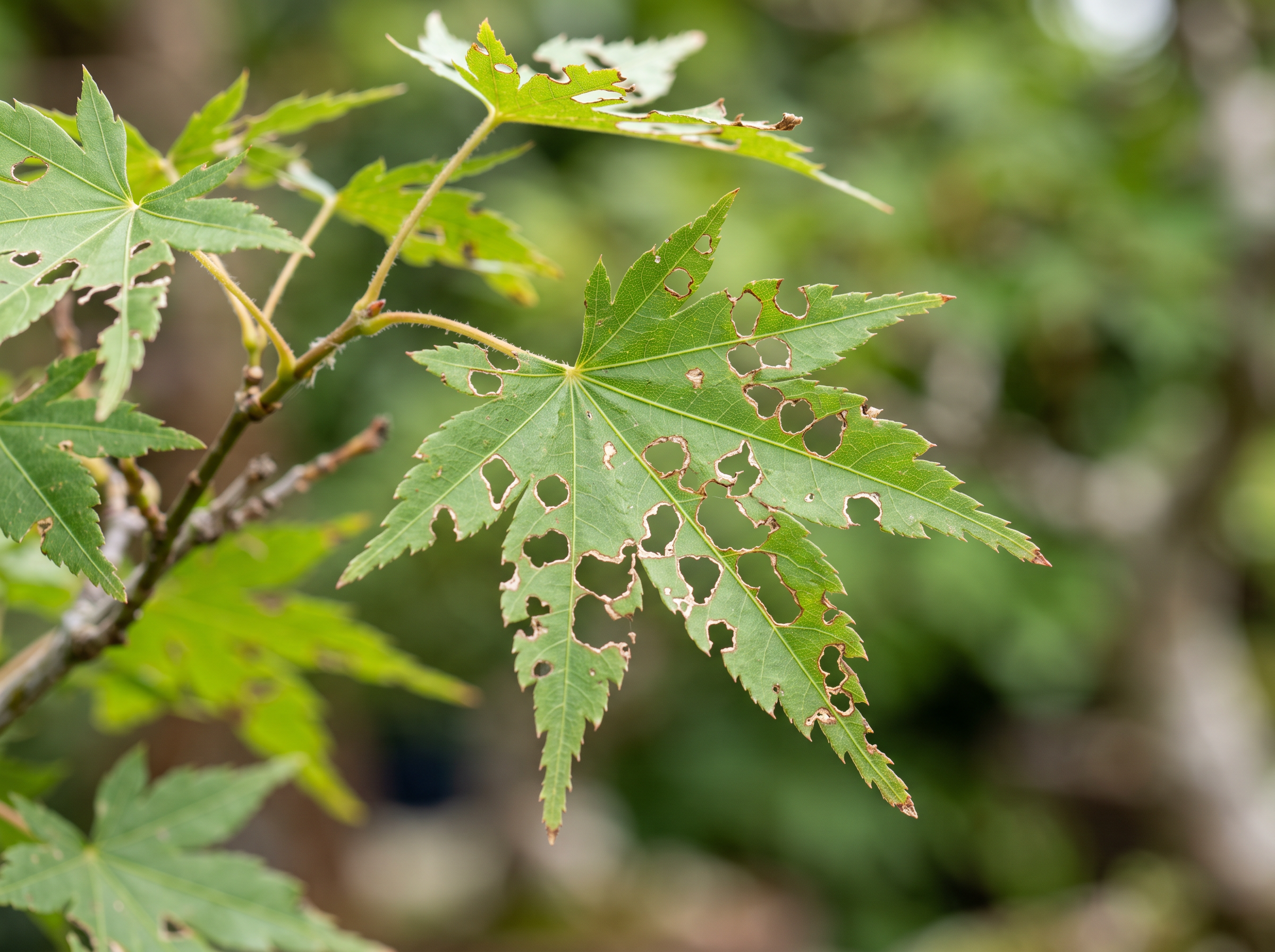 Feuilles de bonsaï mangées, avec des trous ou des bords grignotés