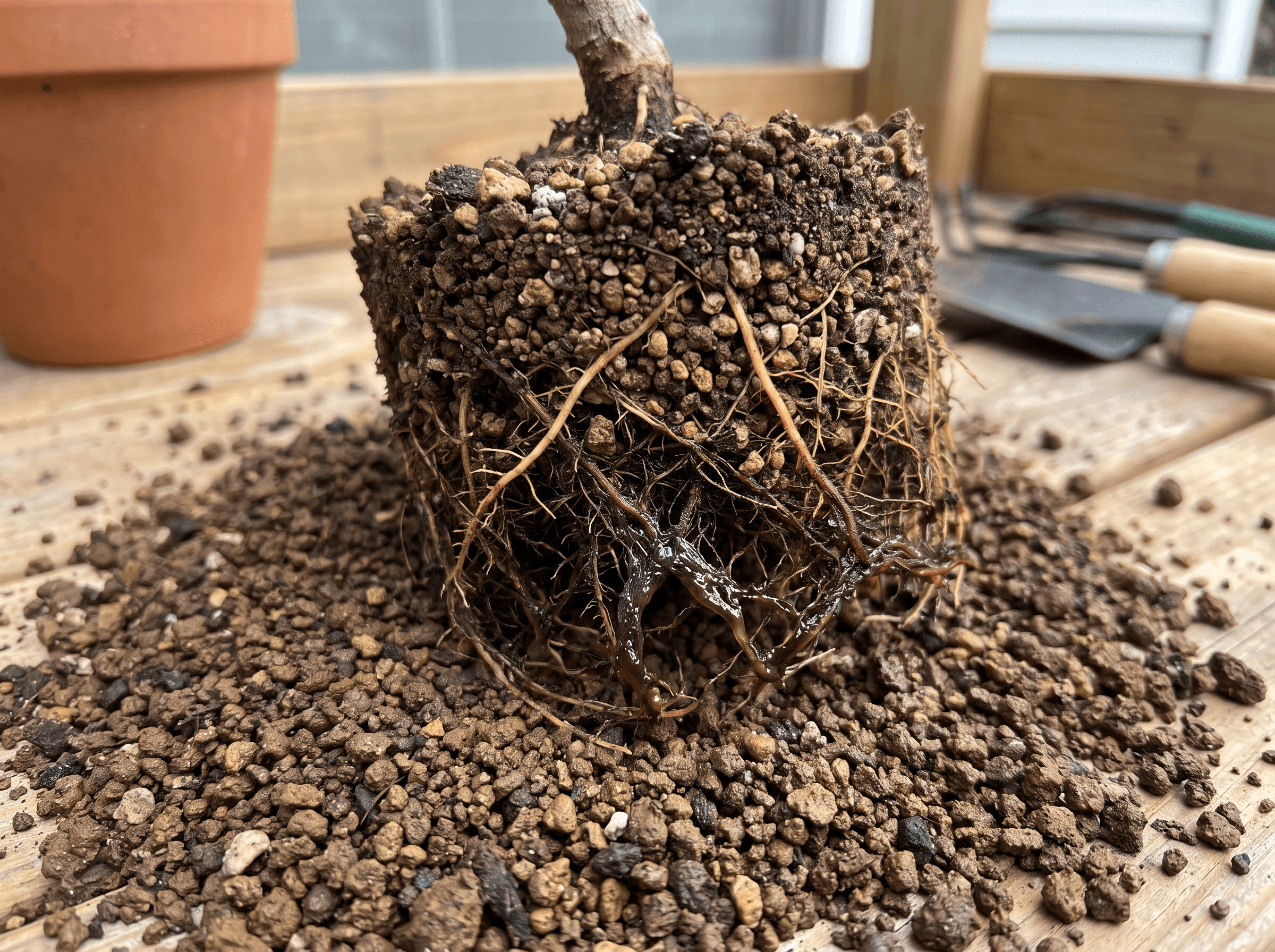 Soft, dark or foul-smelling roots, the classic sign of bonsai root rot