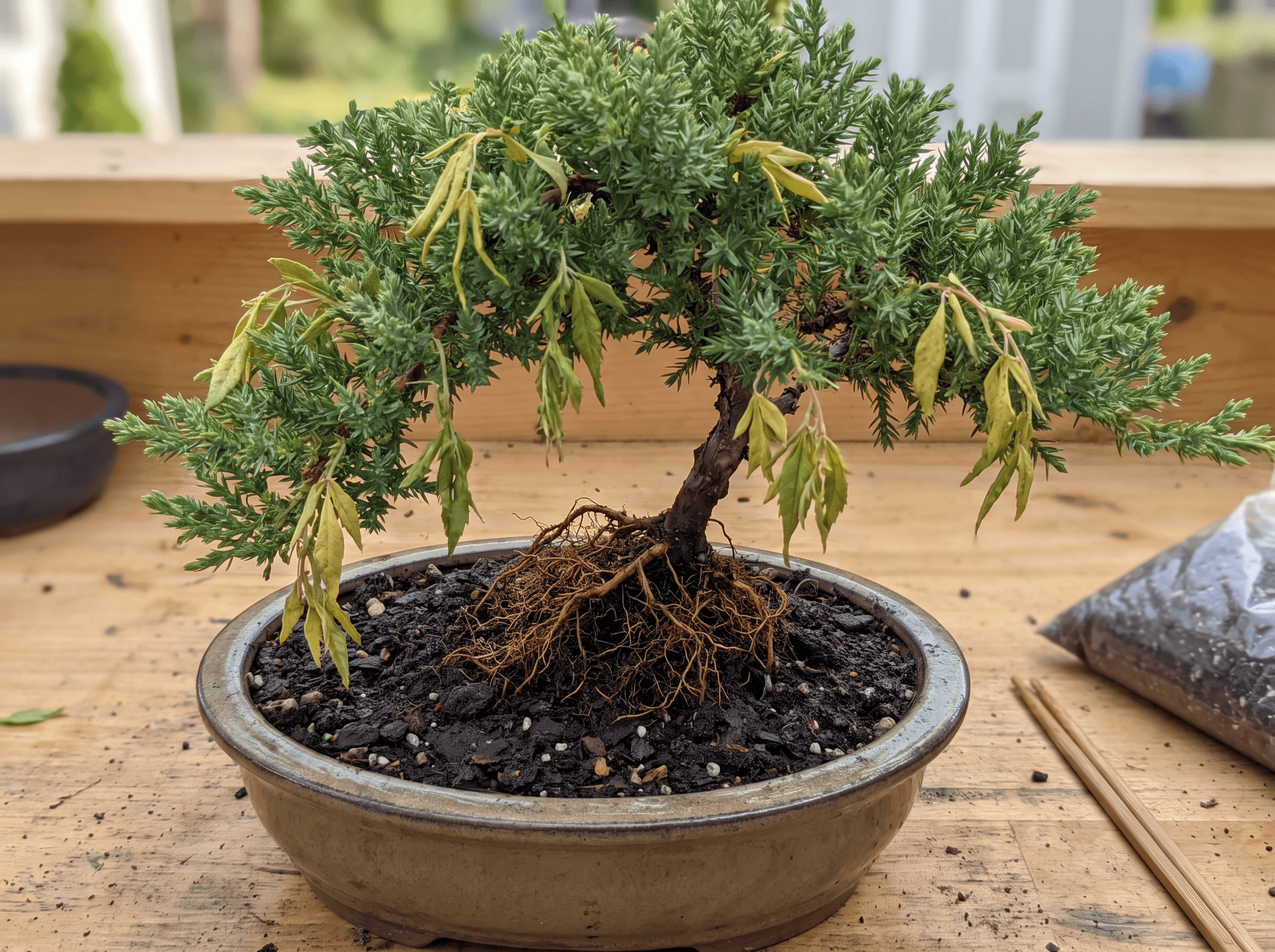 Wilting or leaf drop after repotting (bonsai transplant shock)