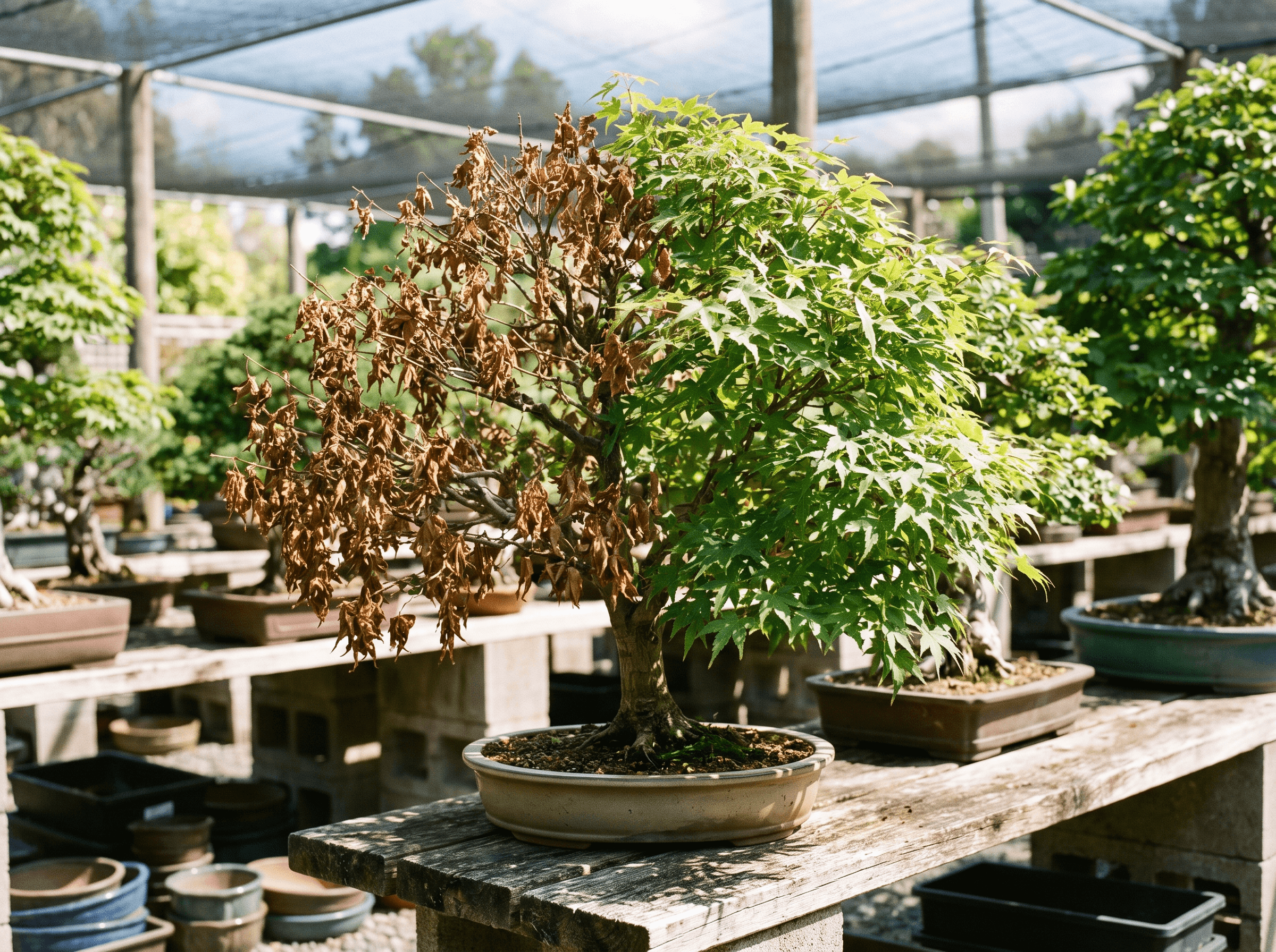 Sudden wilting or dieback on one side of a bonsai
