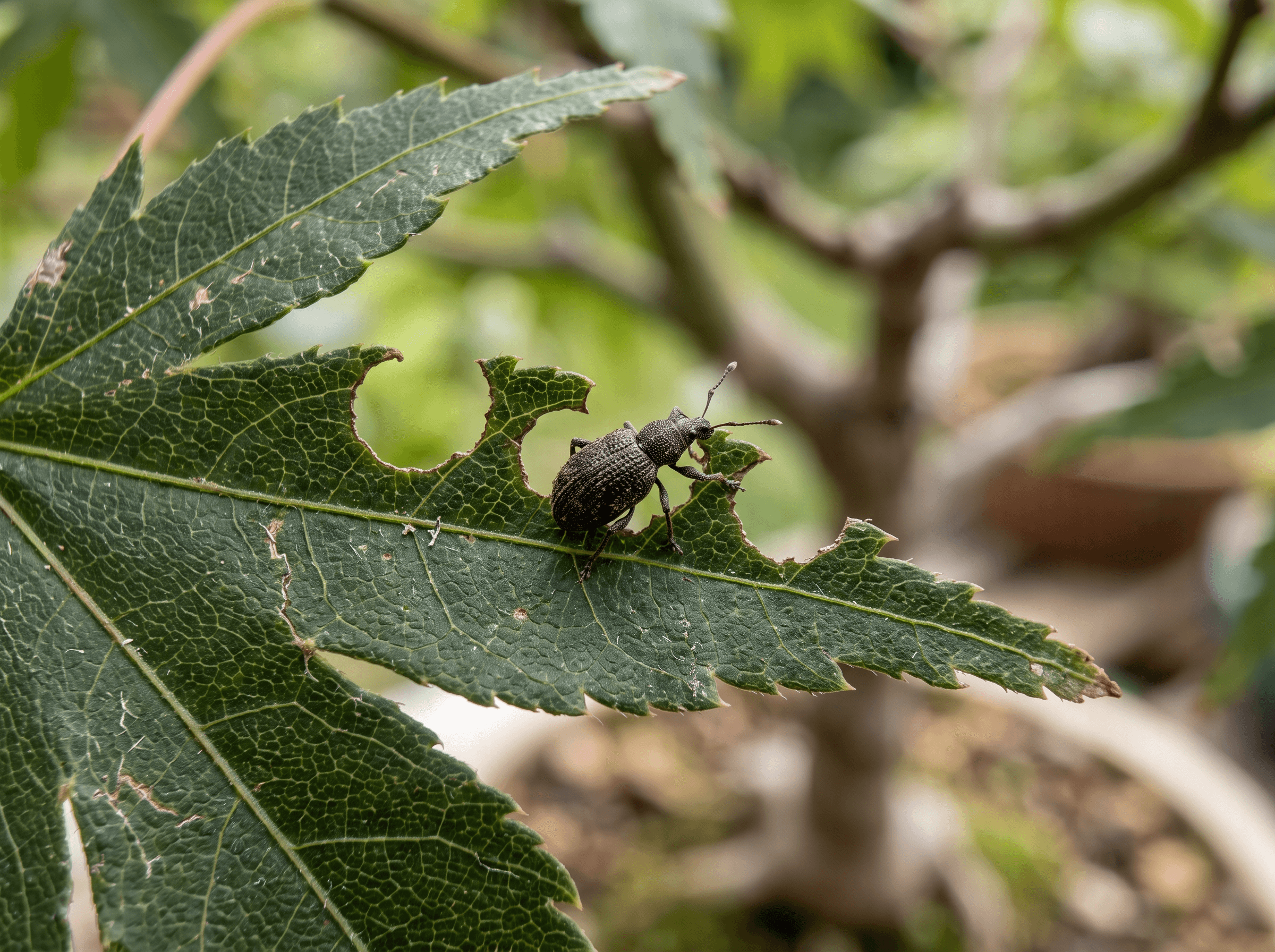 Vine weevil on bonsai: notched leaves and sudden wilting