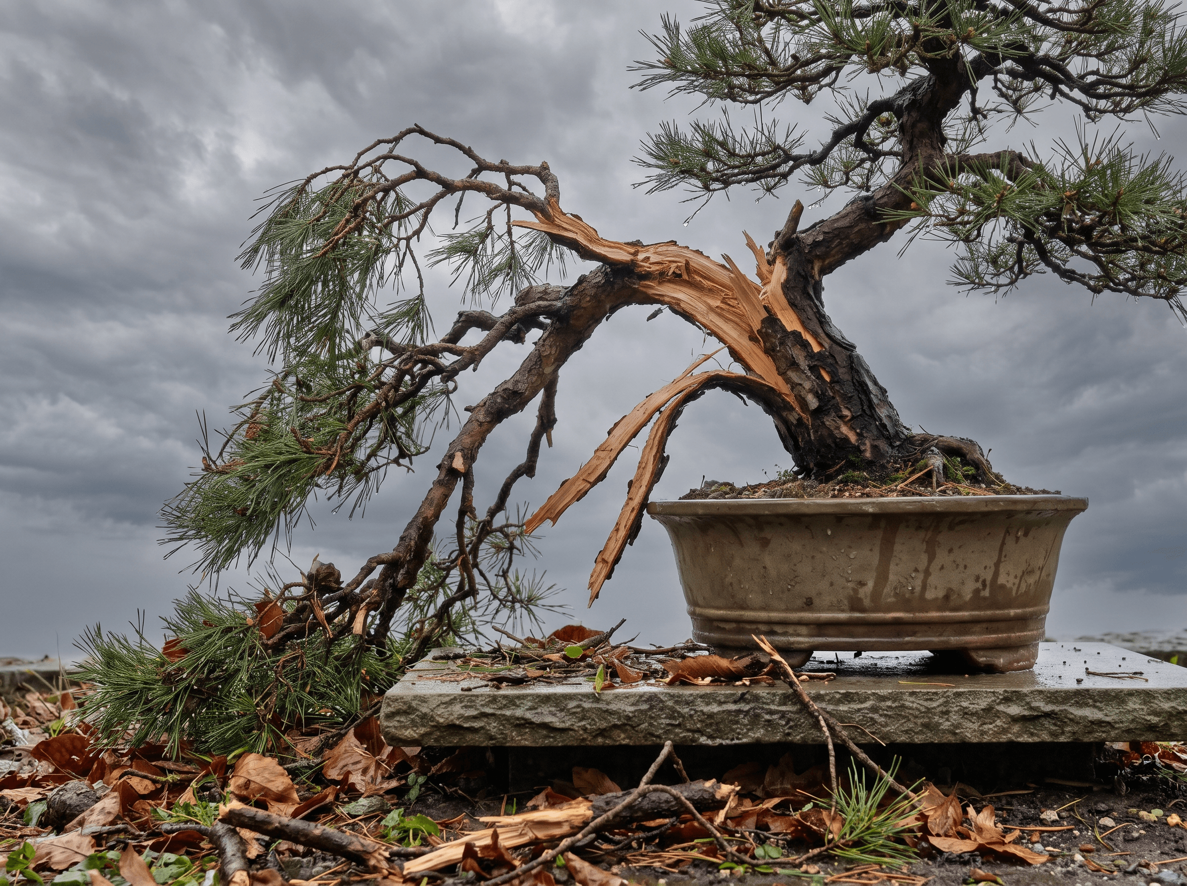 Danni da vento e tempesta nei bonsai: rami spezzati, corteccia strappata, vasi rovesciati