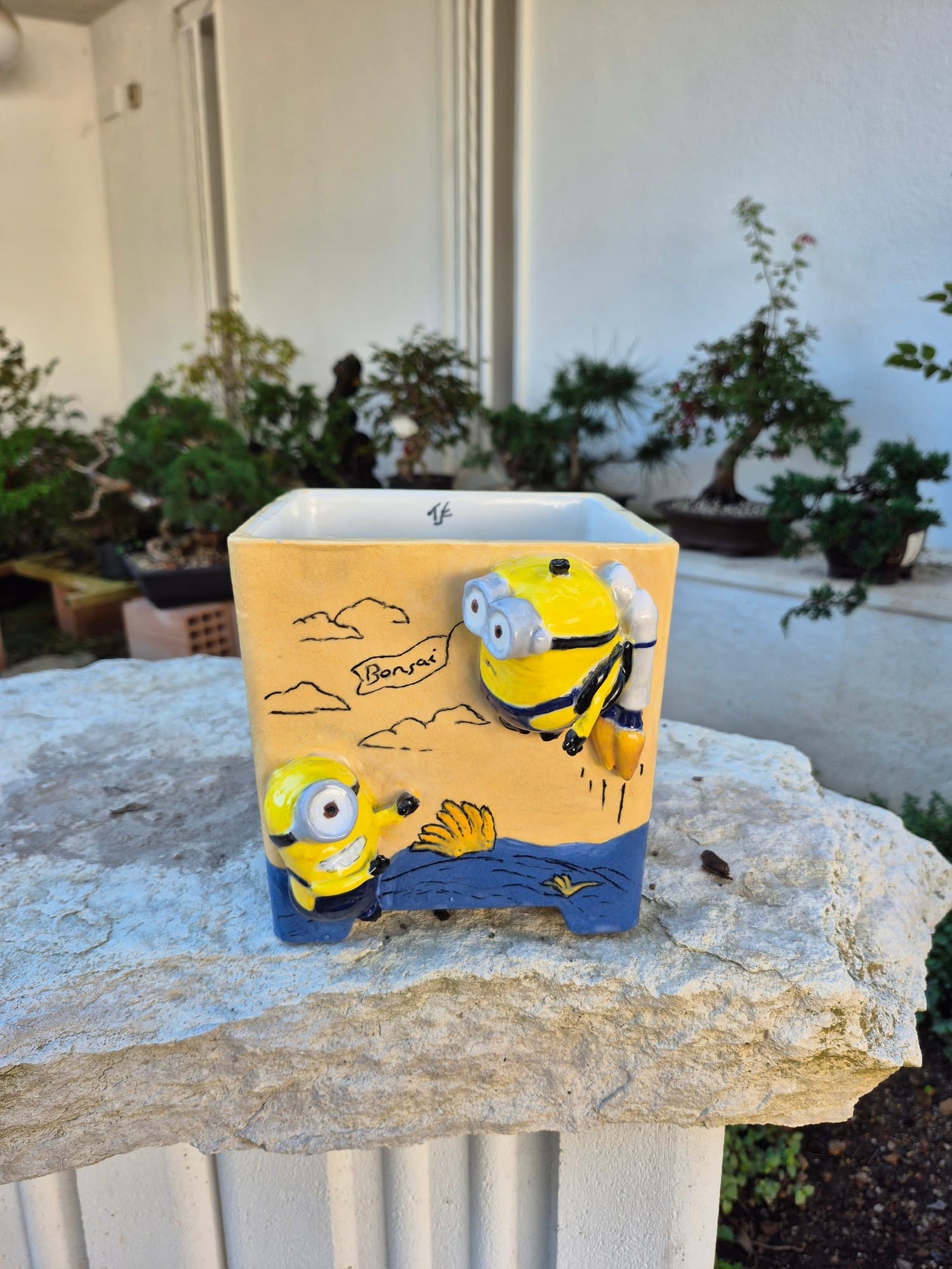 Hand-painted Ceramic Bonsai Pot – Playful Yellow Characters 16 x 16 x 16 cm