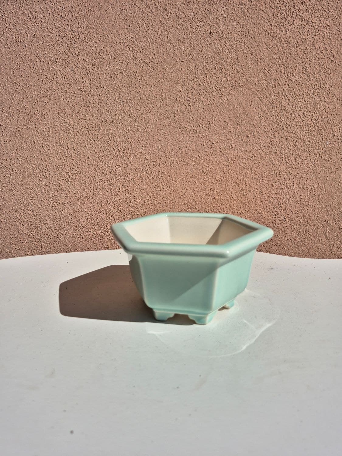 Pale Celadon Ceramic Bonsai Pot, Hexagonal 14 x H6 cm