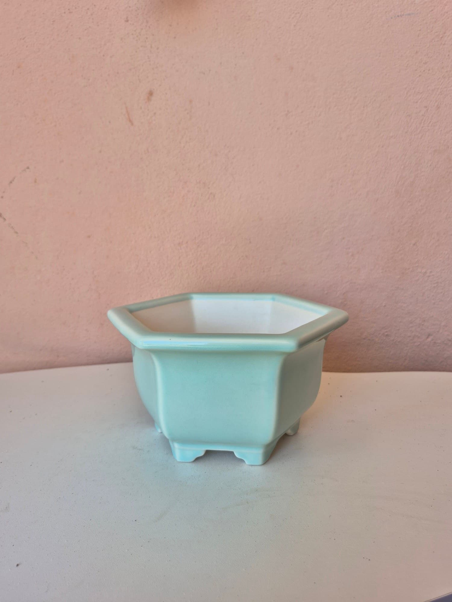 Pale Celadon Ceramic Bonsai Pot, Hexagonal 18.5 x H10.5 cm