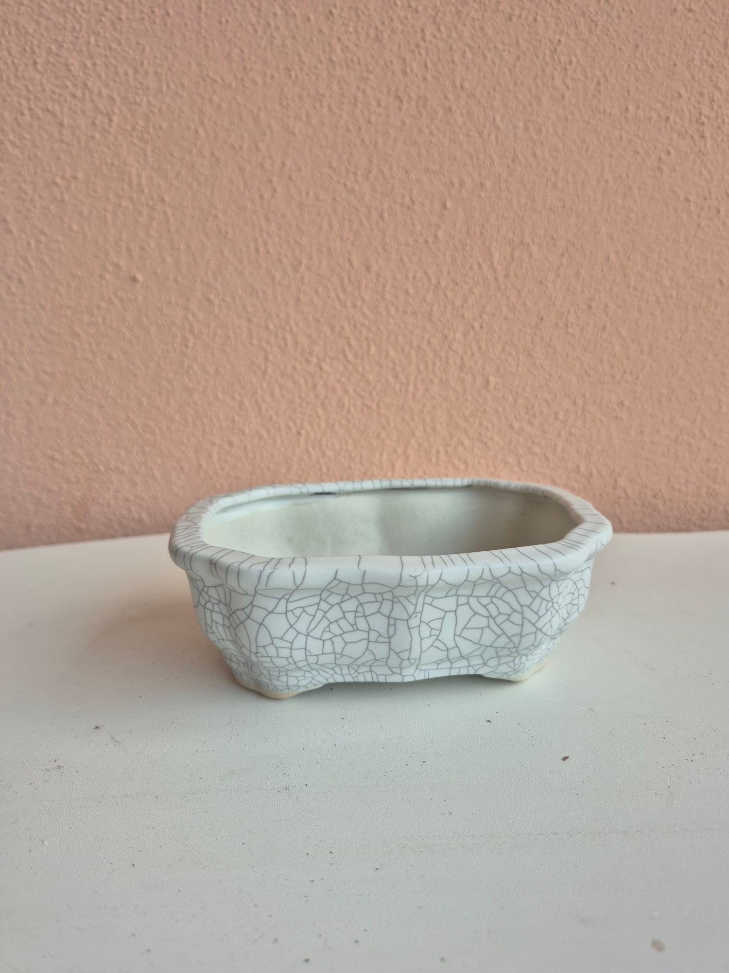 White Crackle-Glazed Ceramic Bonsai Pot, Shallow Mokko 14.5 x 11 x H5 cm