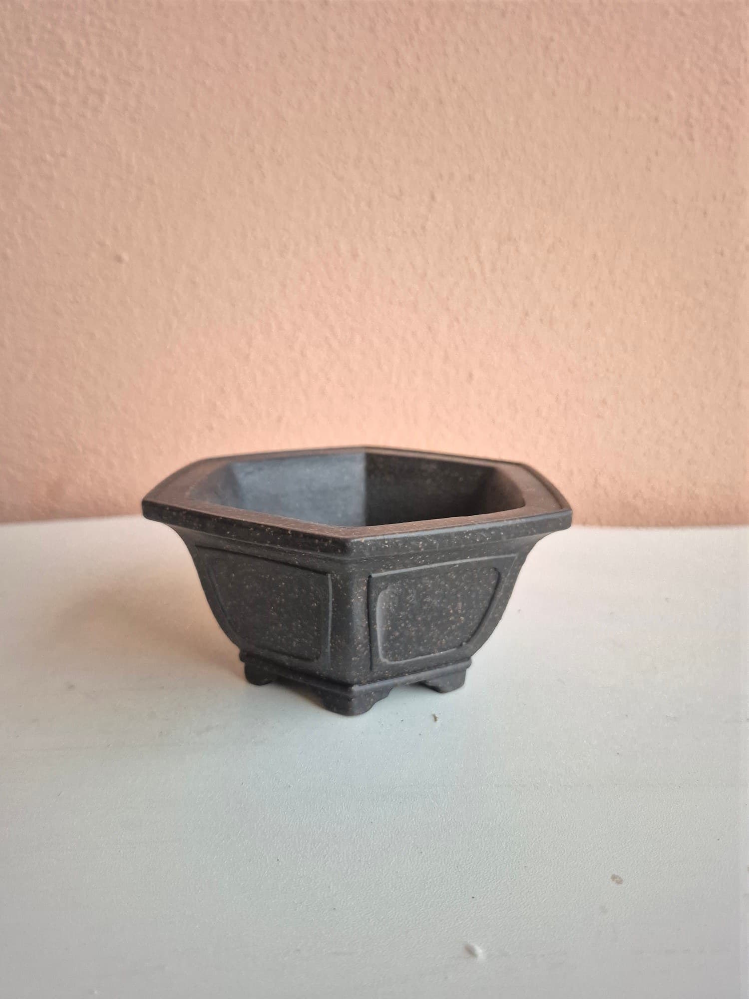 Near-Black Ceramic Bonsai Pot, Hexagonal 12 cm Across