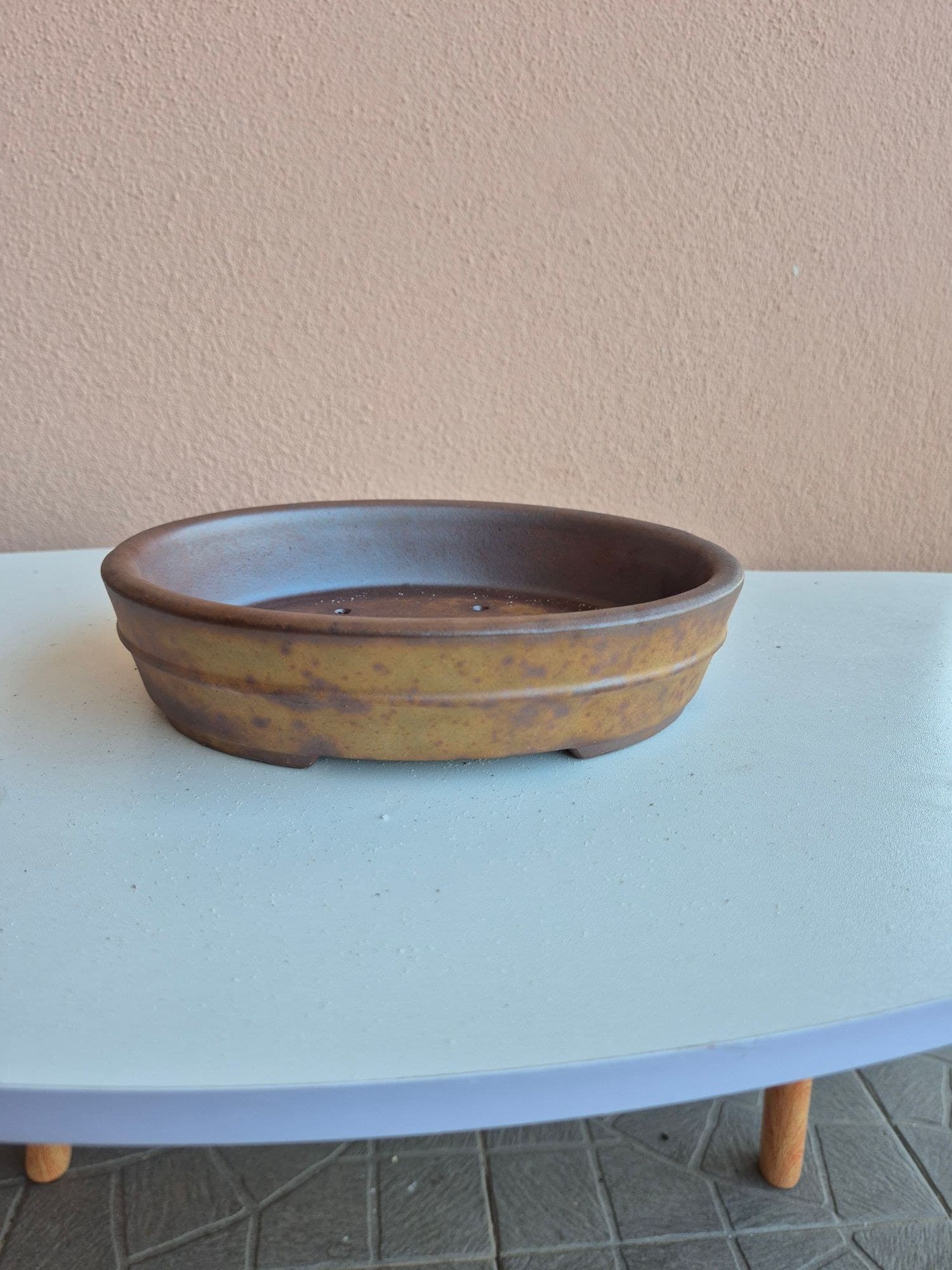 Ochre-and-Rust Ash Glaze Ceramic Bonsai Pot, Oval