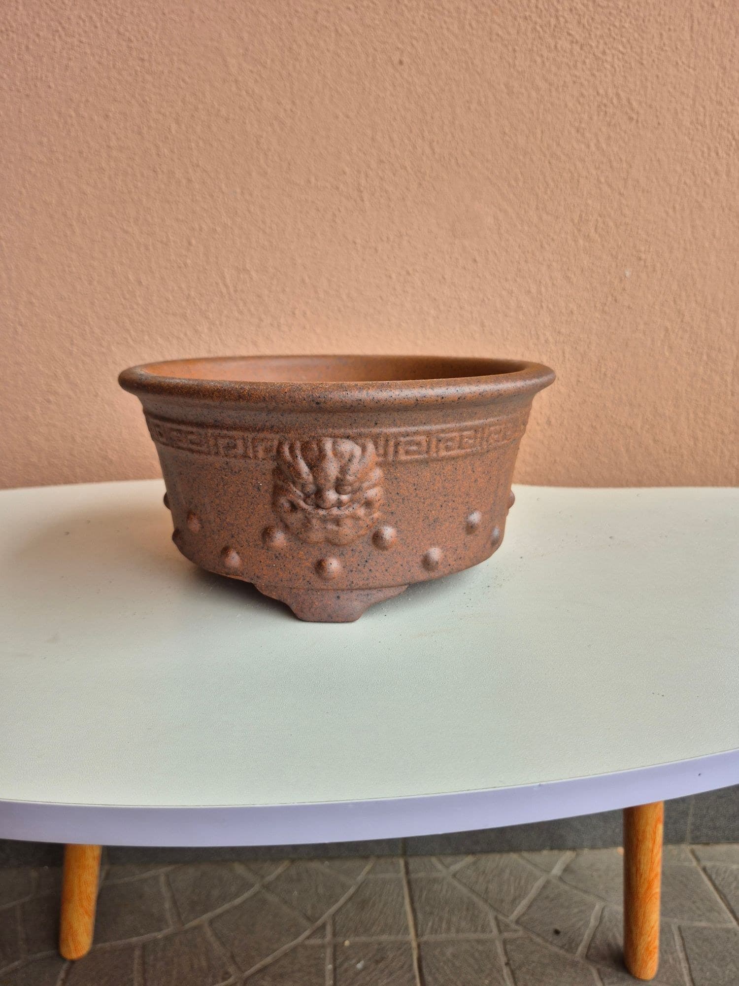 Round Drum Ceramic Bonsai Pot with Lion Masks Ø20.8 x H10 cm