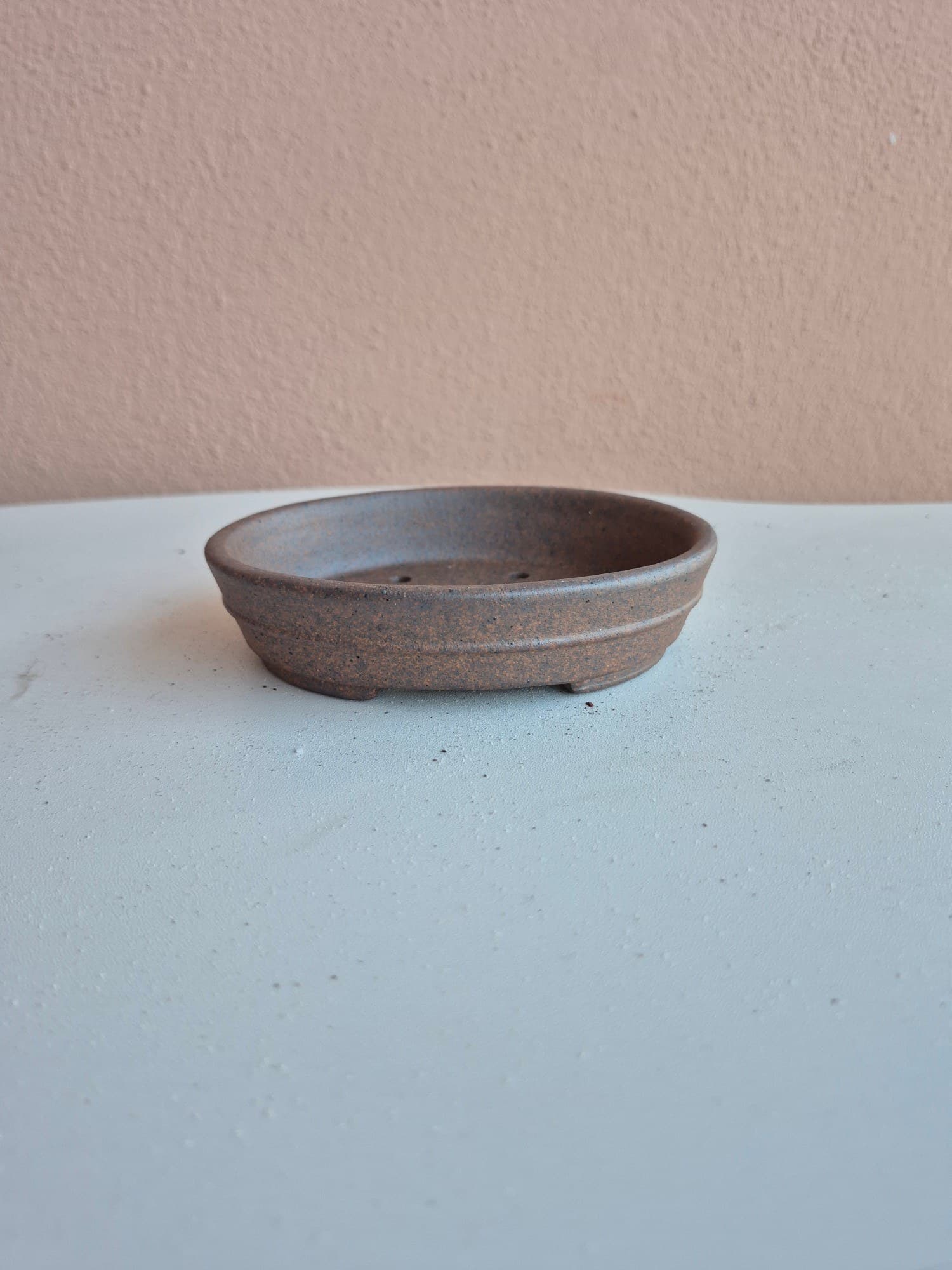 Rust-Brown Ash-Blush Ceramic Bonsai Pot, Shallow Oval Shohin