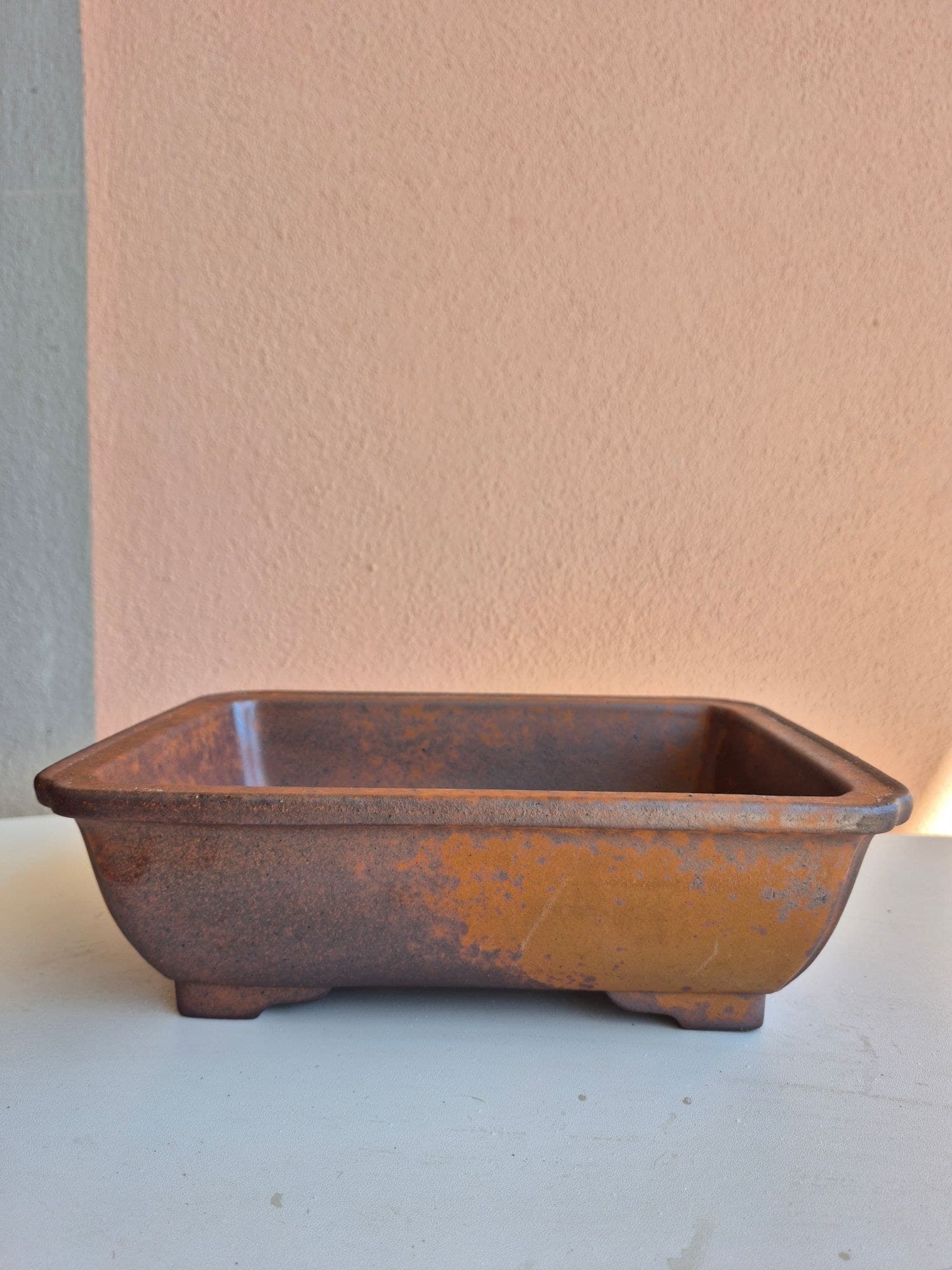 Mottled Rust-Orange Ash Glaze Ceramic Bonsai Pot, Oval 26.3 x 19.5 x H8.5 cm