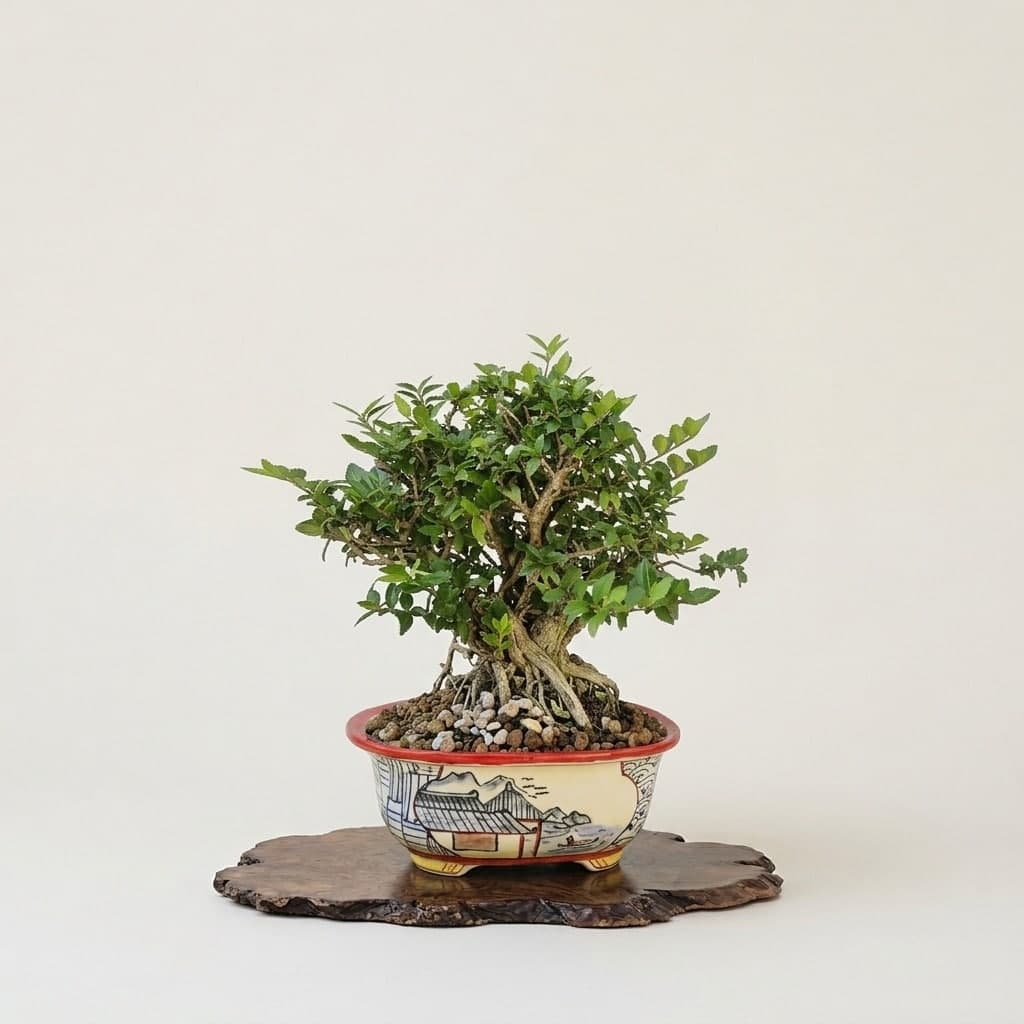 Bonsai aus Lonicera Shoin in handgeschriebenem Topf