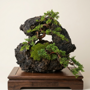 Juniper Kishu bonsai on stone, shimpaku rock planting, front view