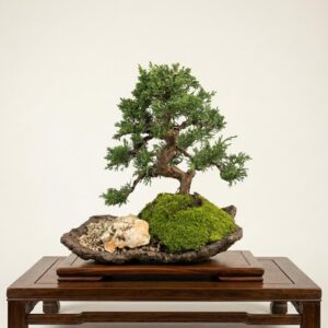 Juniperus Chinensis bonsai on stone, Kishu juniper, front view