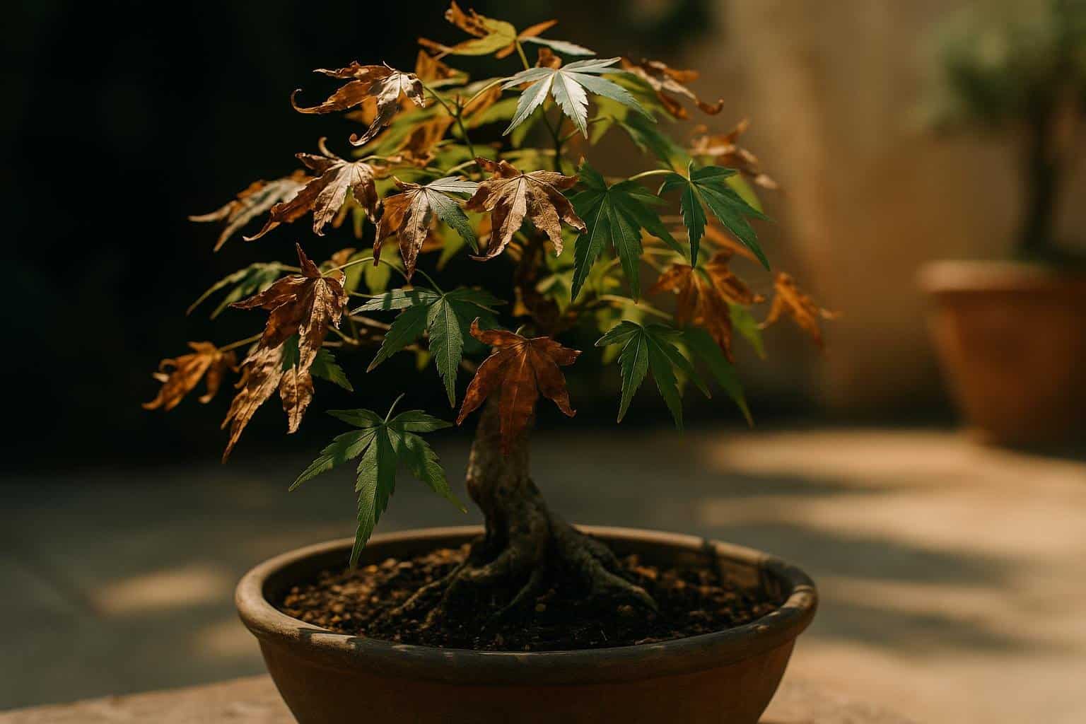 Acer palmatum bonsai showing leaf scorch and burned edges from Mediterranean summer sun exposure