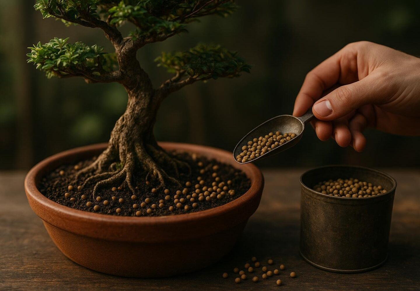 Concimazione bonsai: vista di un bonsai con concime organico nel substrato durante la fase di crescita