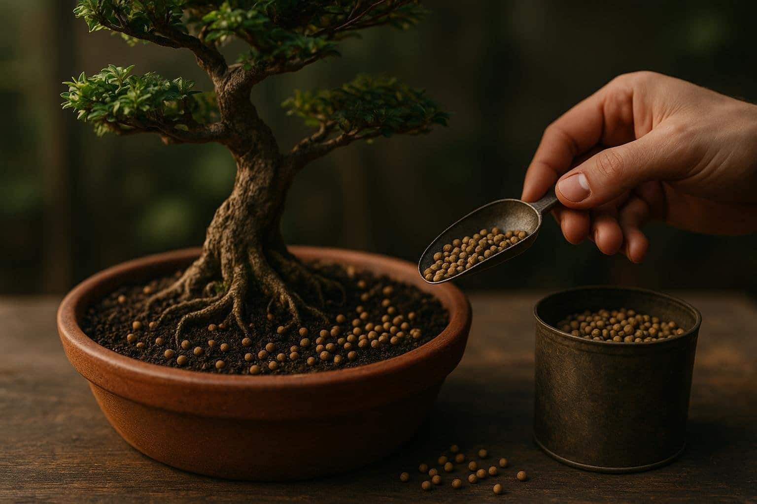Concimazione bonsai: vista di un bonsai con concime organico nel substrato durante la fase di crescita