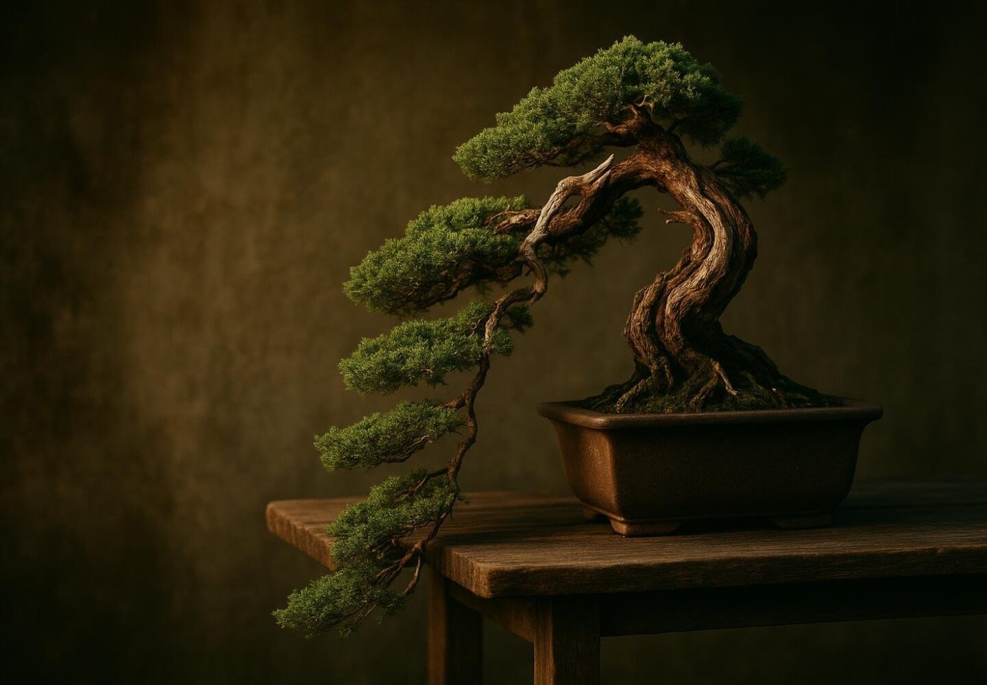 Kaskaden-Bonsai mit unter den Topfboden herabhängendem Stamm im klassischen Kengai-Stil