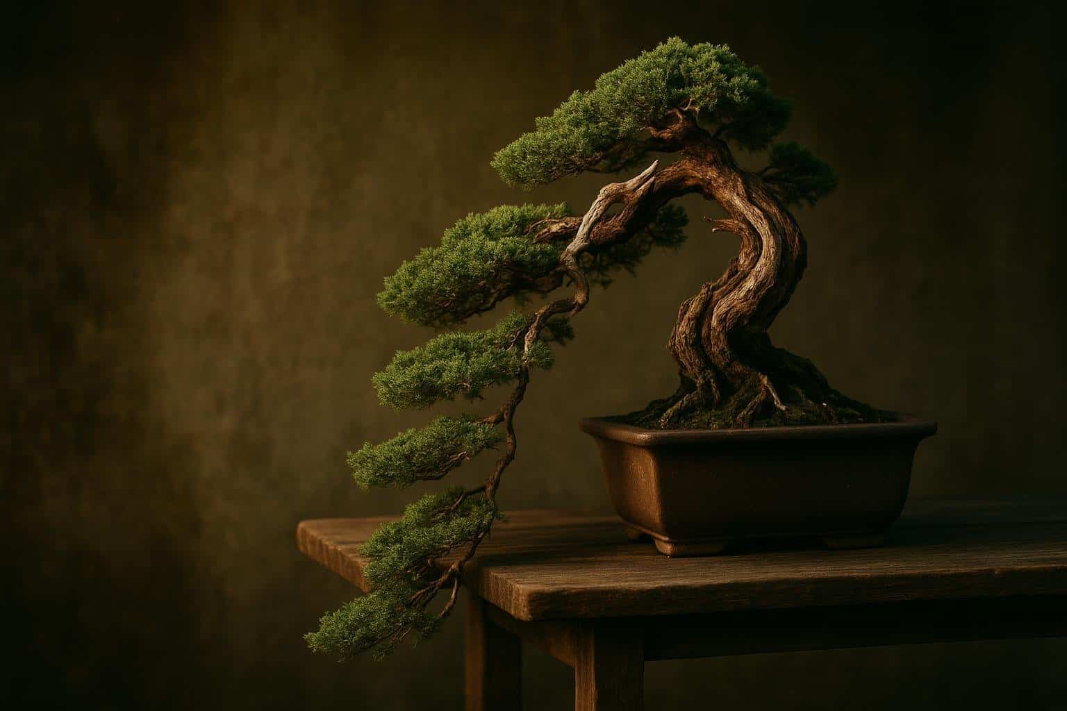 Kaskaden-Bonsai mit unter den Topfboden herabhängendem Stamm im klassischen Kengai-Stil