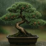 Bonsaï de genévrier exposé à la pluie avec aiguilles brunies et signes de maladie fongique sur les jeunes pousses