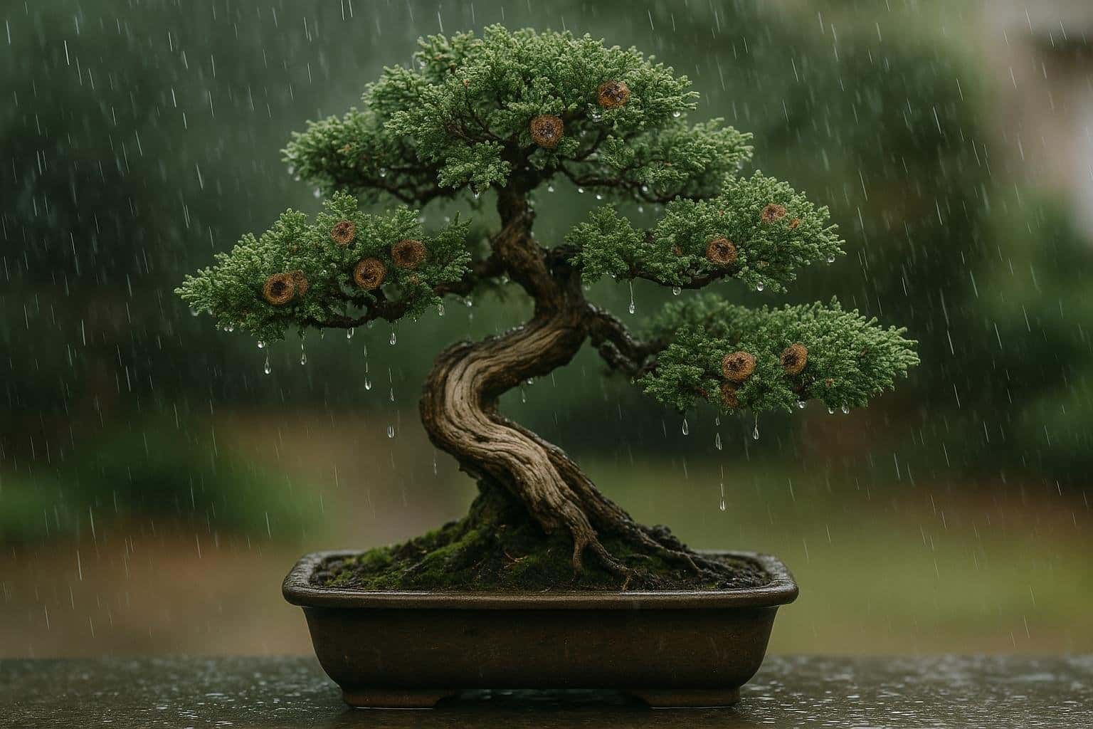 Bonsaï de genévrier exposé à la pluie avec aiguilles brunies et signes de maladie fongique sur les jeunes pousses