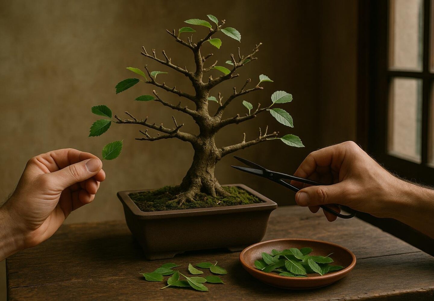 Bonsai di latifoglia (acero o olmo) dopo la defogliazione estiva, con rami spogli pronti a emettere nuove foglie più piccole