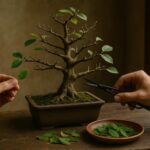 Bonsai di latifoglia (acero o olmo) dopo la defogliazione estiva, con rami spogli pronti a emettere nuove foglie più piccole