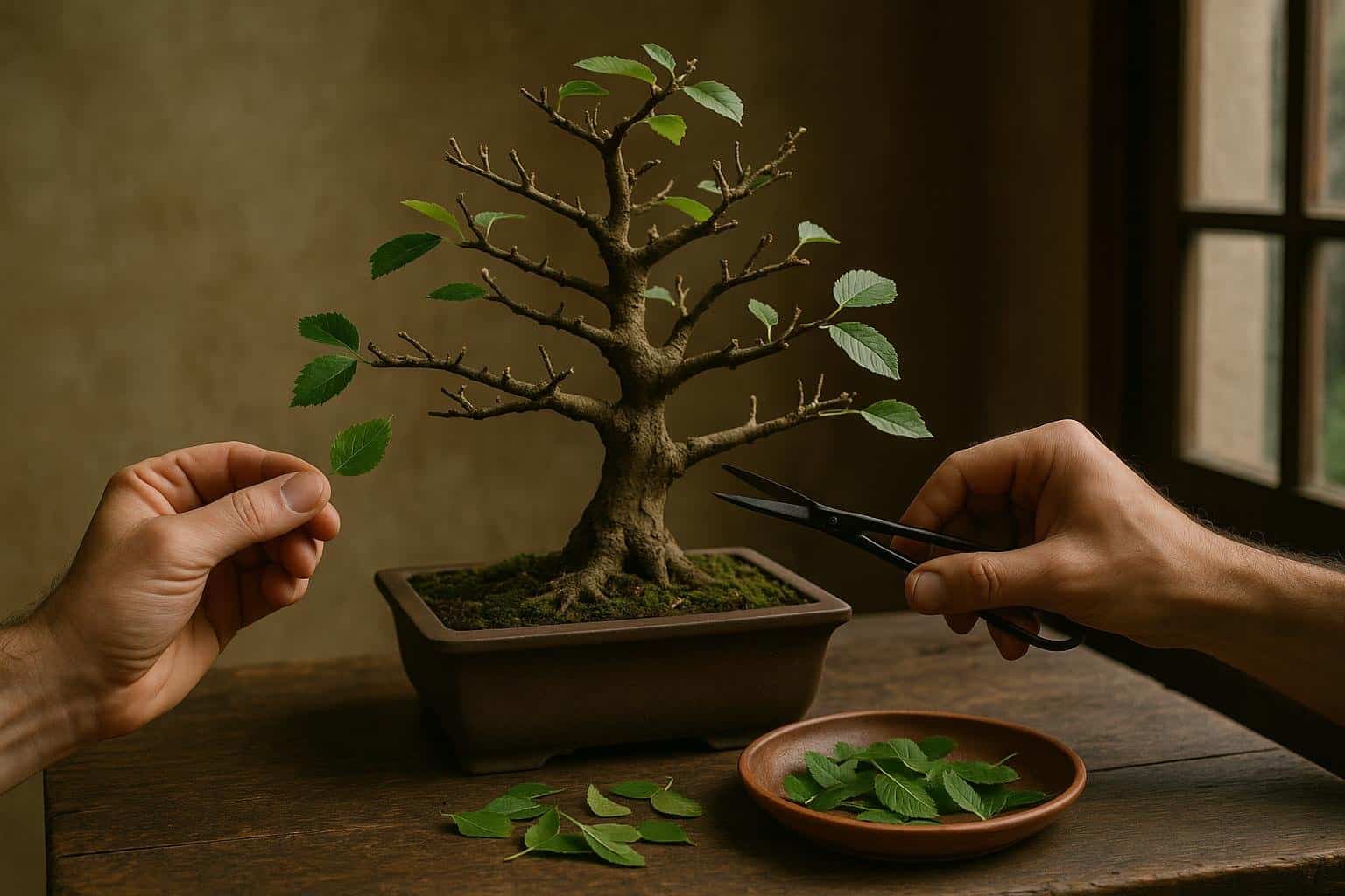 Bonsai di latifoglia (acero o olmo) dopo la defogliazione estiva, con rami spogli pronti a emettere nuove foglie più piccole