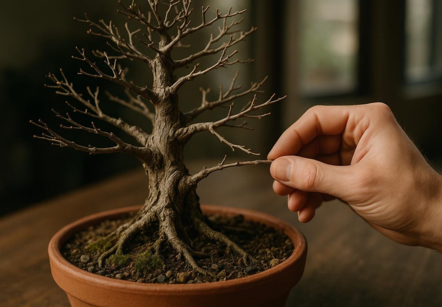 Hand performing scratch test on bare leafless bonsai branches to check if dead or dormant