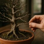 Hand performing scratch test on bare leafless bonsai branches to check if dead or dormant