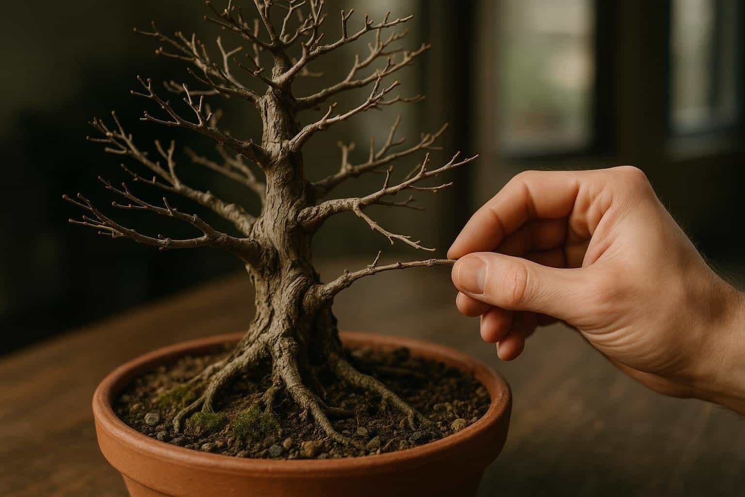 Hand performing scratch test on bare leafless bonsai branches to check if dead or dormant