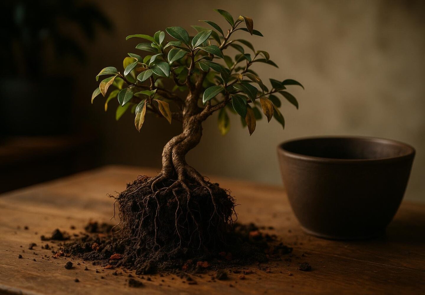 Bonsai-Wurzeln nach dem Umtopfen: frische Schnittflächen und neues Substrat als Zeichen eines Umtopfschocks