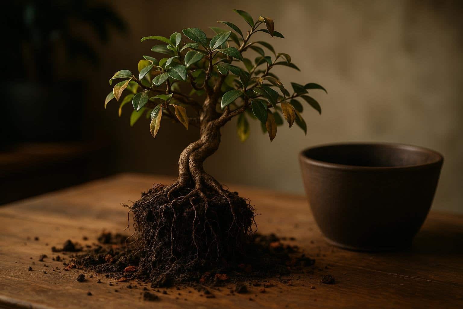 Bonsai-Wurzeln nach dem Umtopfen: frische Schnittflächen und neues Substrat als Zeichen eines Umtopfschocks