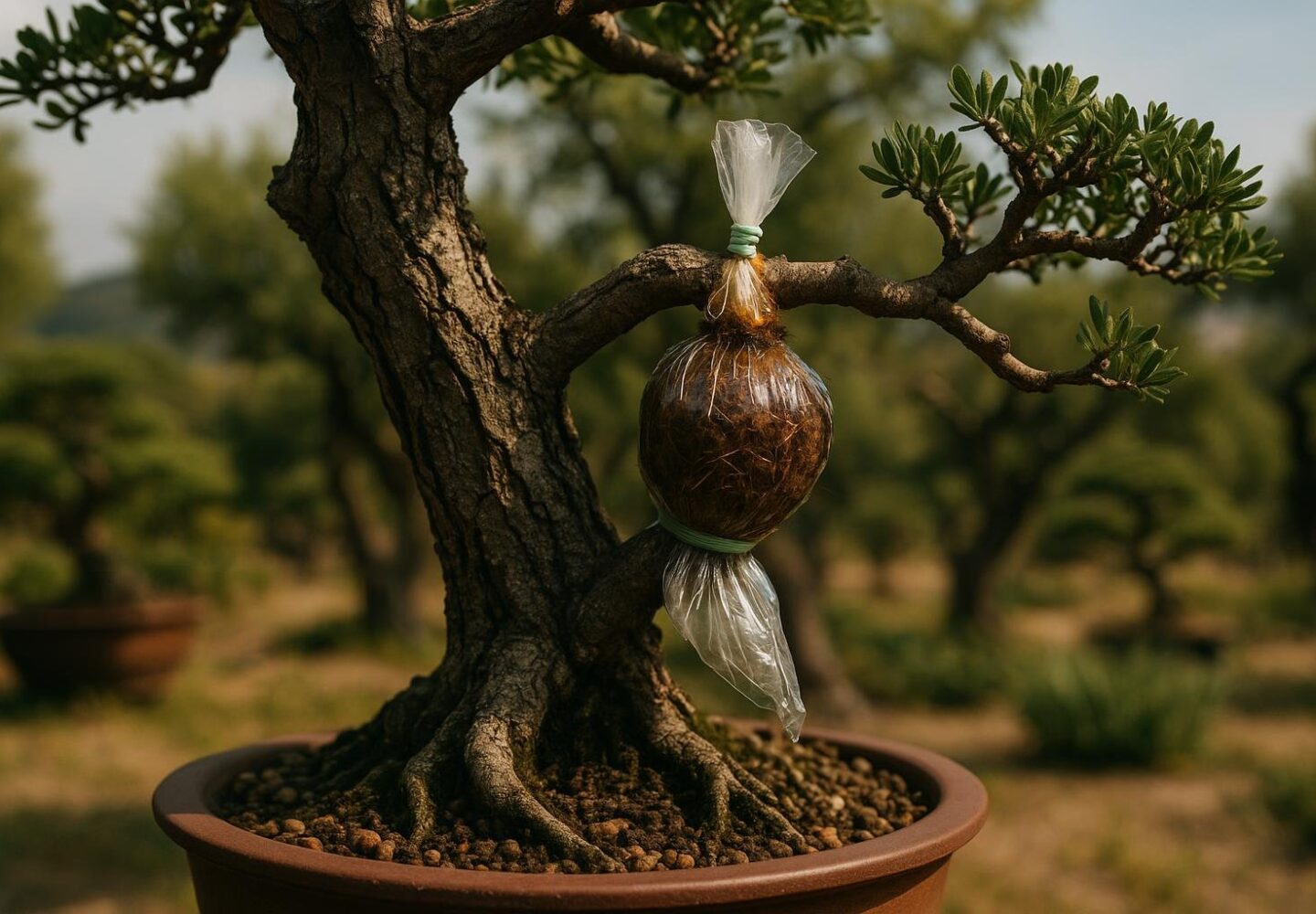 Air layering technique on a bonsai branch with moss ball wrapped in plastic