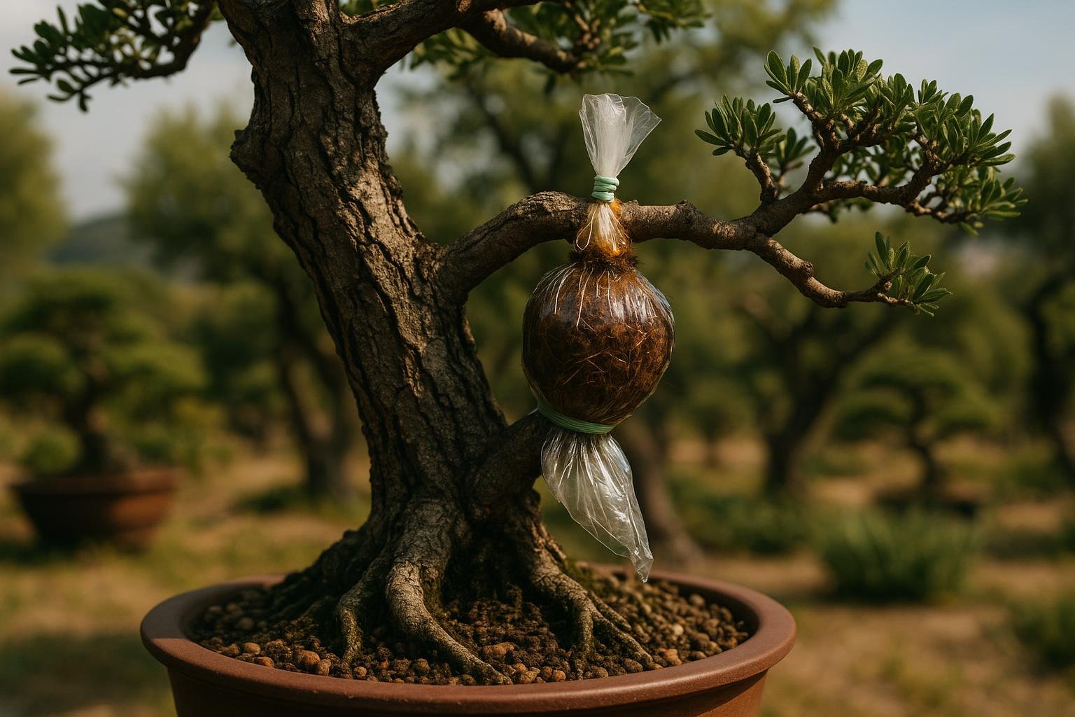 Air layering technique on a bonsai branch with moss ball wrapped in plastic