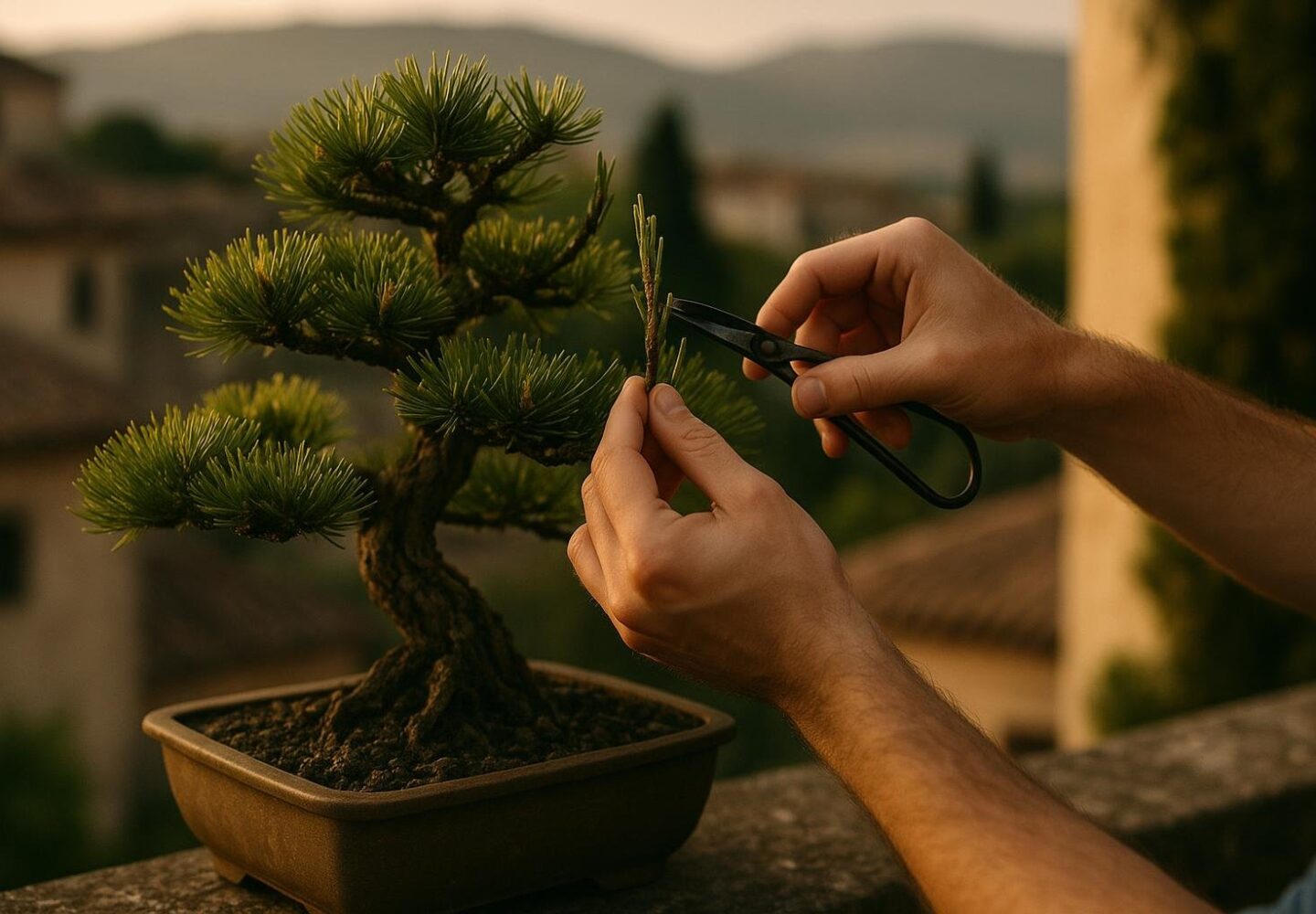 Cimatura delle candele su un pino bonsai con forbici da bonsai